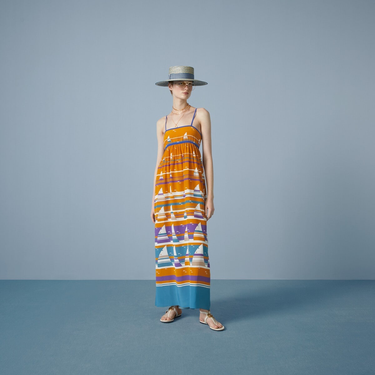 Striped boat print silk dress - 5