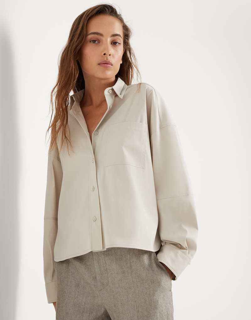 Stretch cotton poplin shirt with shiny collar trim 4