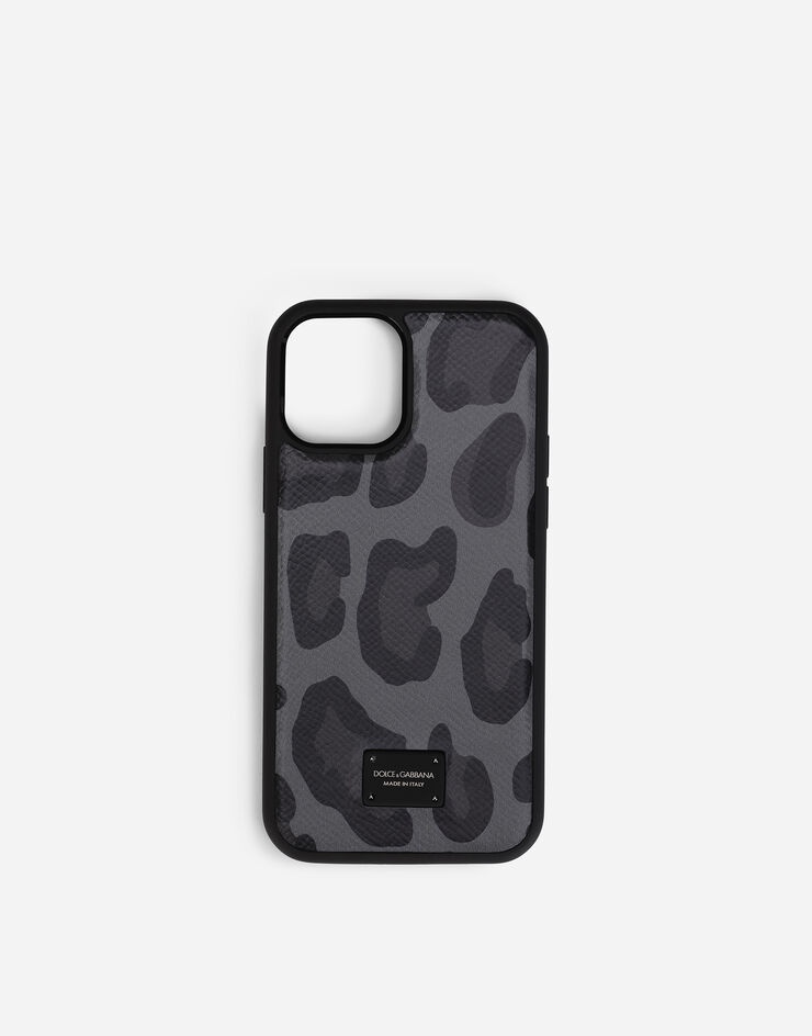 Dauphine calfskin iPhone 12 Pro cover with leopard print against a gray background - 1