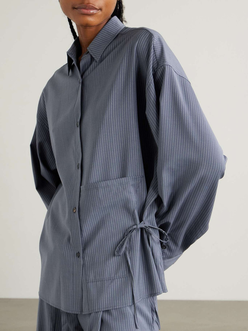DEIJI STUDIOS Tie-detailed striped wool shirt Blue outlook