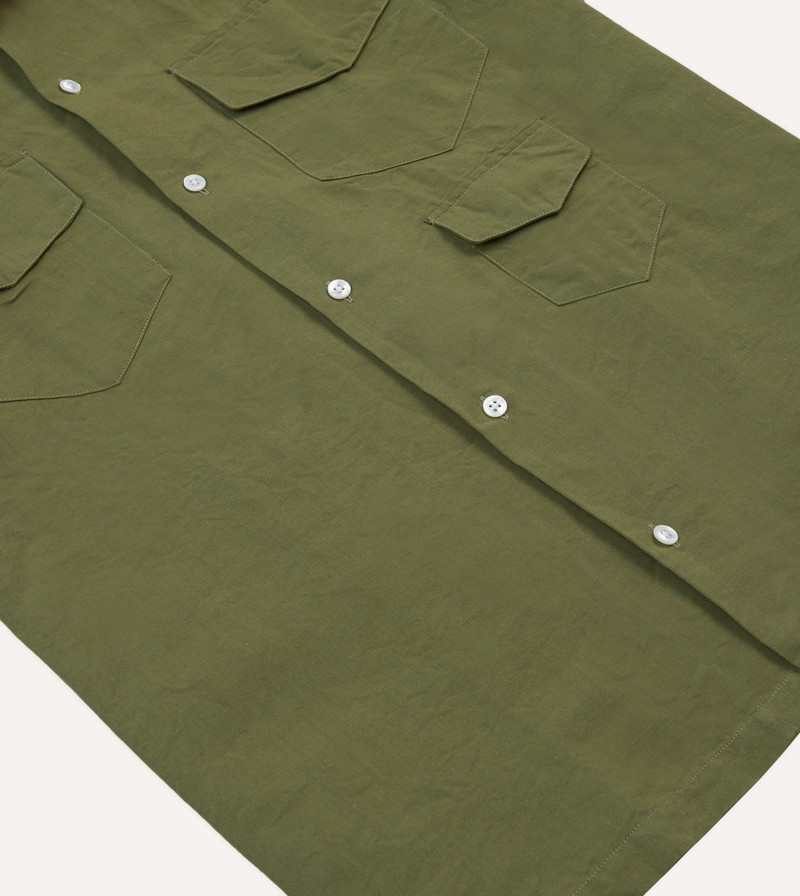 Olive Cotton-Linen Camp Collar Three Pocket Short Sleeve Shirt 5