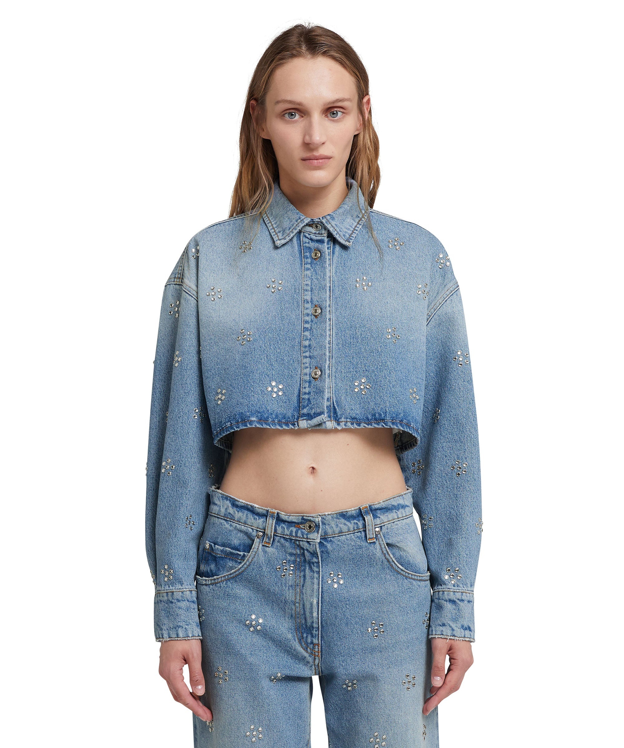 Blue denim  crop shirt with rhinestone daisy application - 2