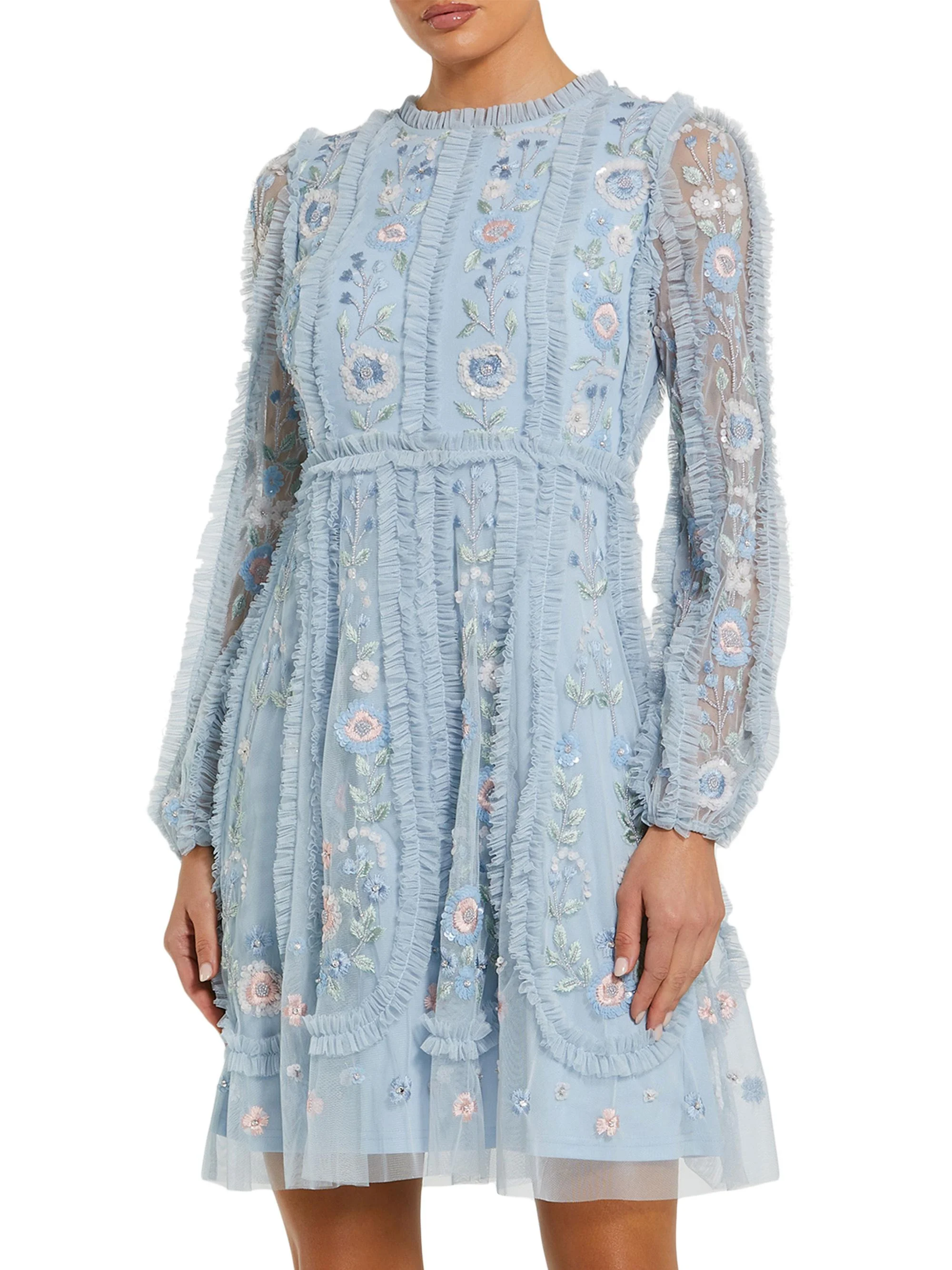Women's Cocktail Floral-Embroidered Tulle Minidress - Powder Blue - 1