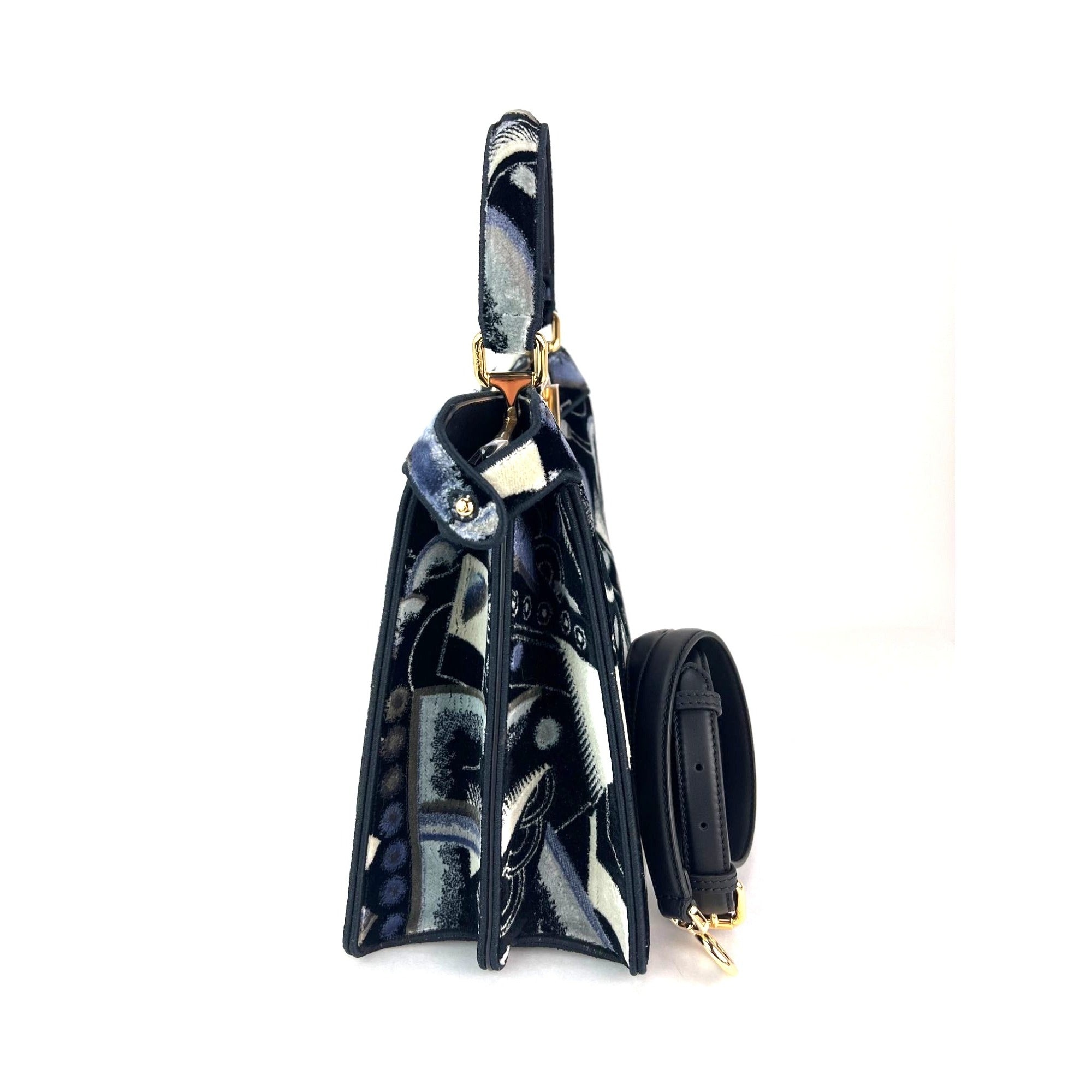 Fendi Peekaboo I see u Medium Printed Velvet Black Blue Satchel Shoulder Bag - 10