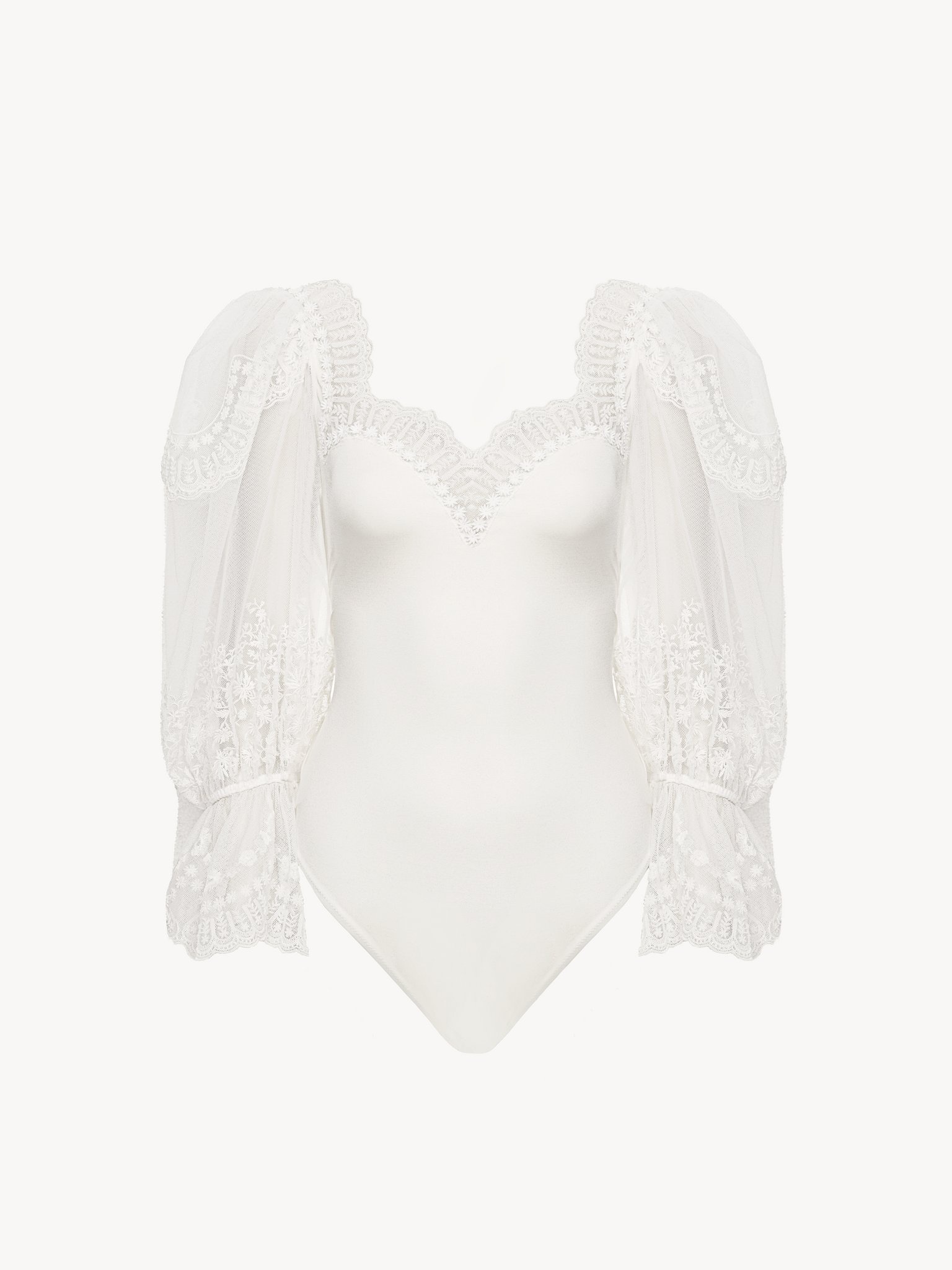 PUFF-SLEEVE BODYSUIT IN SHINY STRETCH JERSEY & LACE - 2