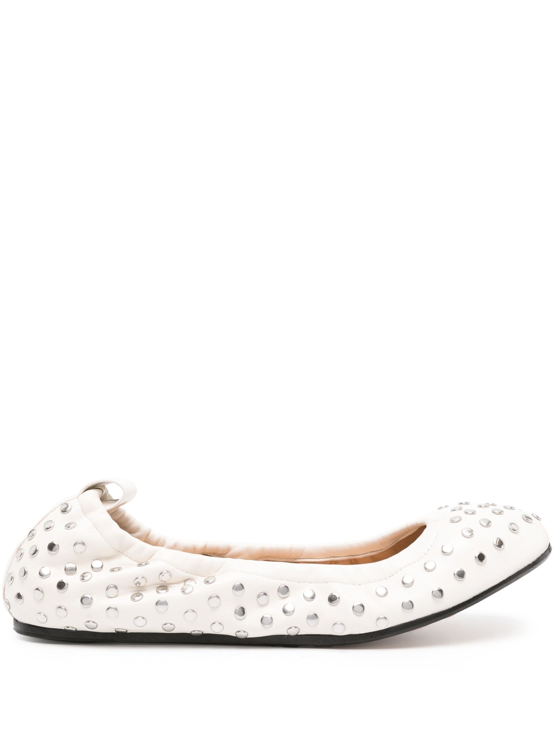 White Stud-Embellished Leather Ballerina Shoes - 1
