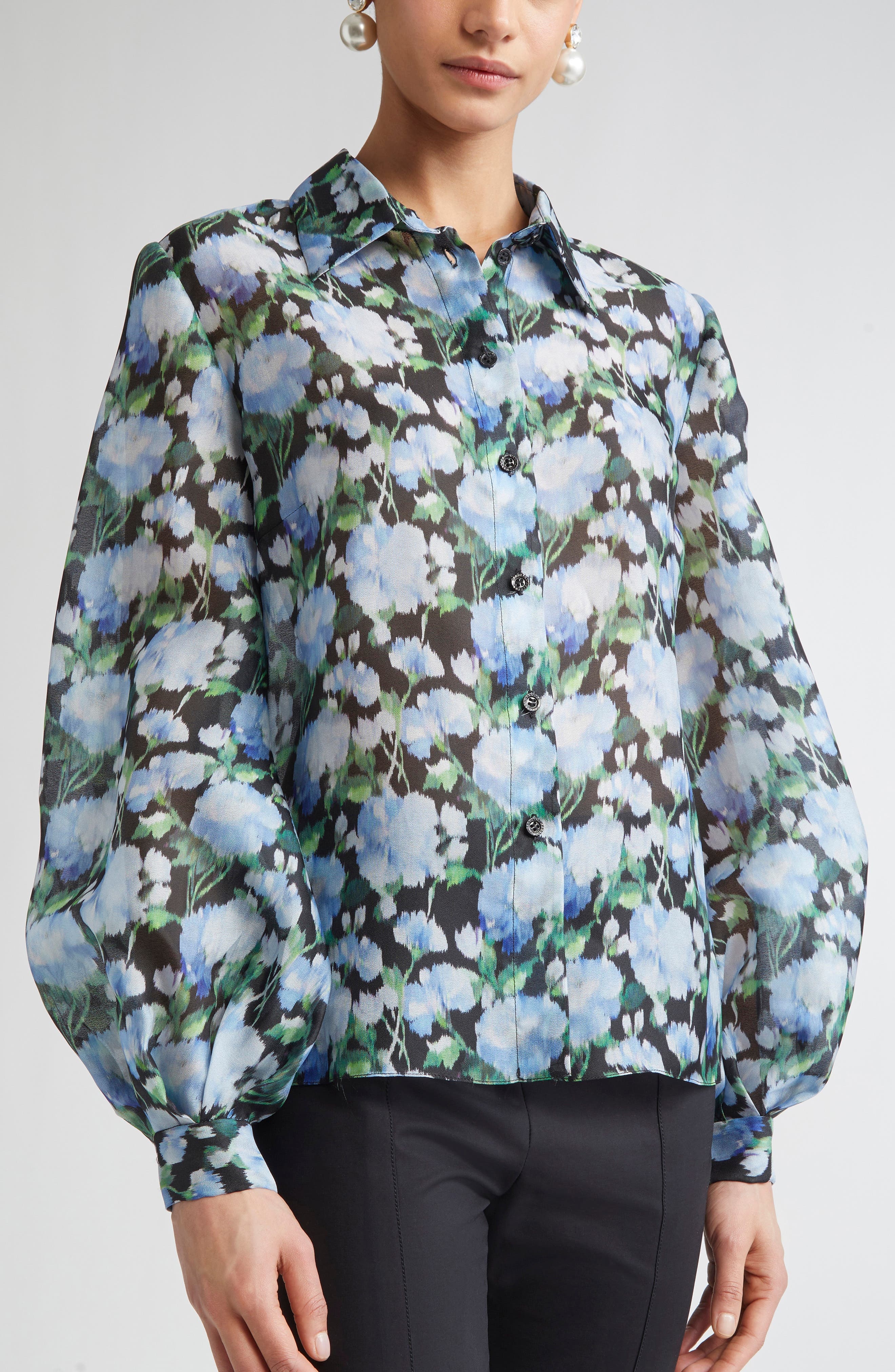 Carolina Herrera Peony Print Silk Organza Button-Up Shirt in Blue Multi at Nordstrom - 5