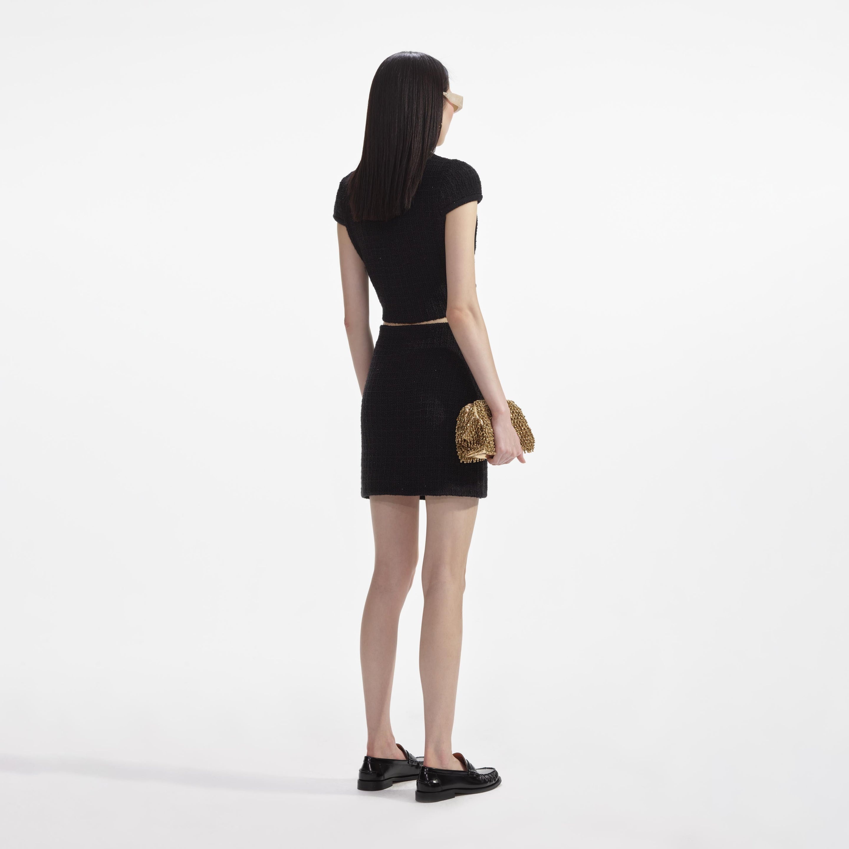 Self-Portrait｜SKIRTS (JEWEL BUTTON KNIT MINI SKIRT (PF2 self-portrait Black Jewel Button Knit Mini Skirt | REVERSIBLE
