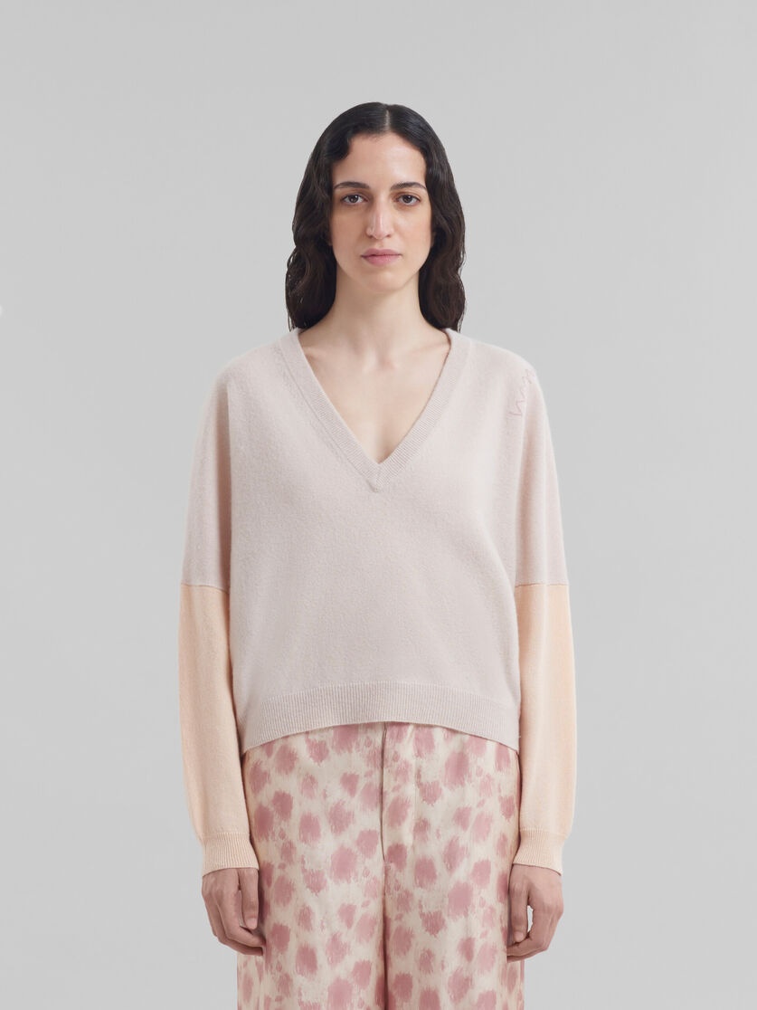 PEACH PINK WOOL AND CASHMERE COLOR BLOCK V-NECK SWEATER - 2