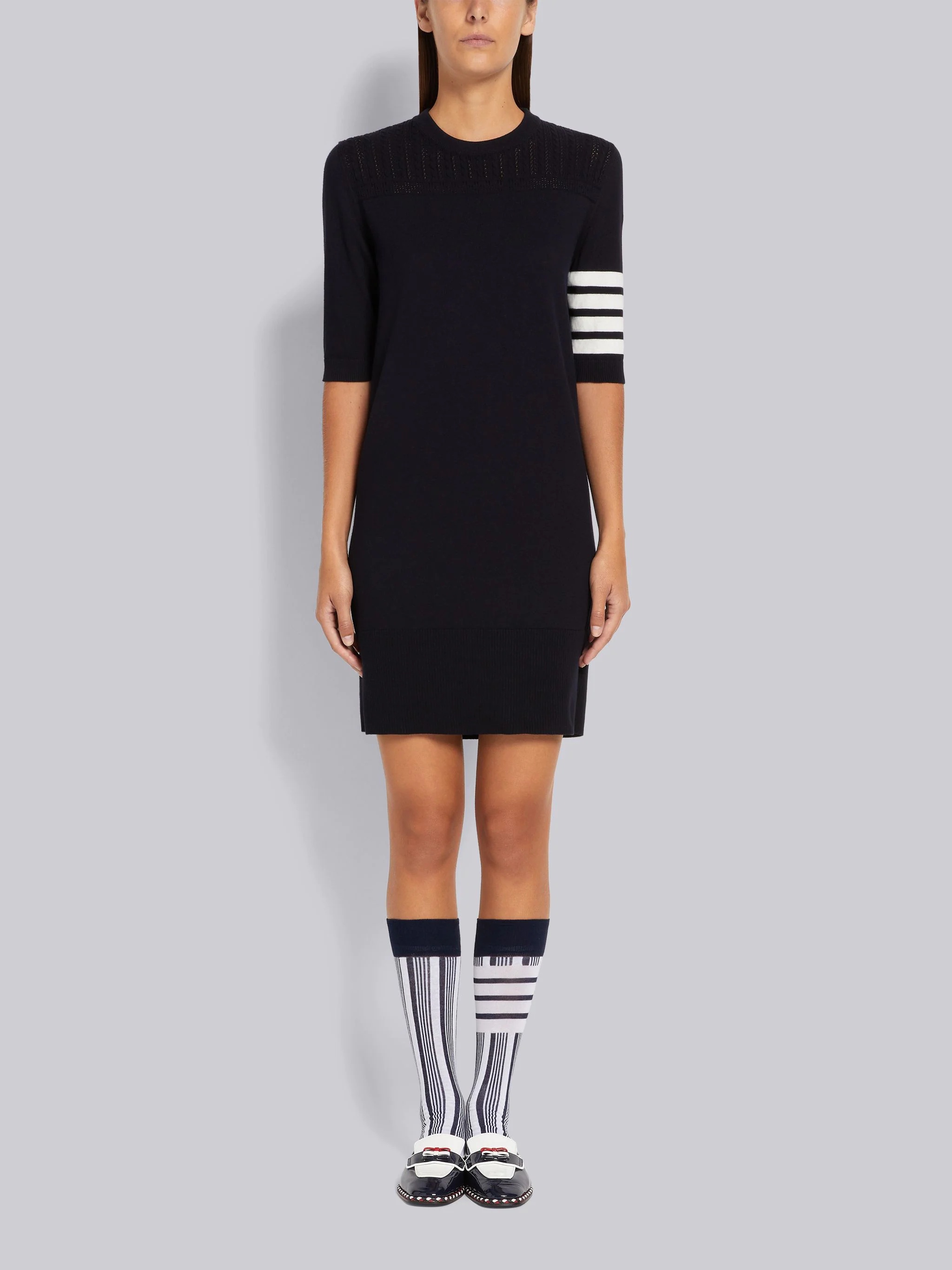Navy Cotton Hector Medallion 4-Bar Short Sleeve Mini Dress - 1