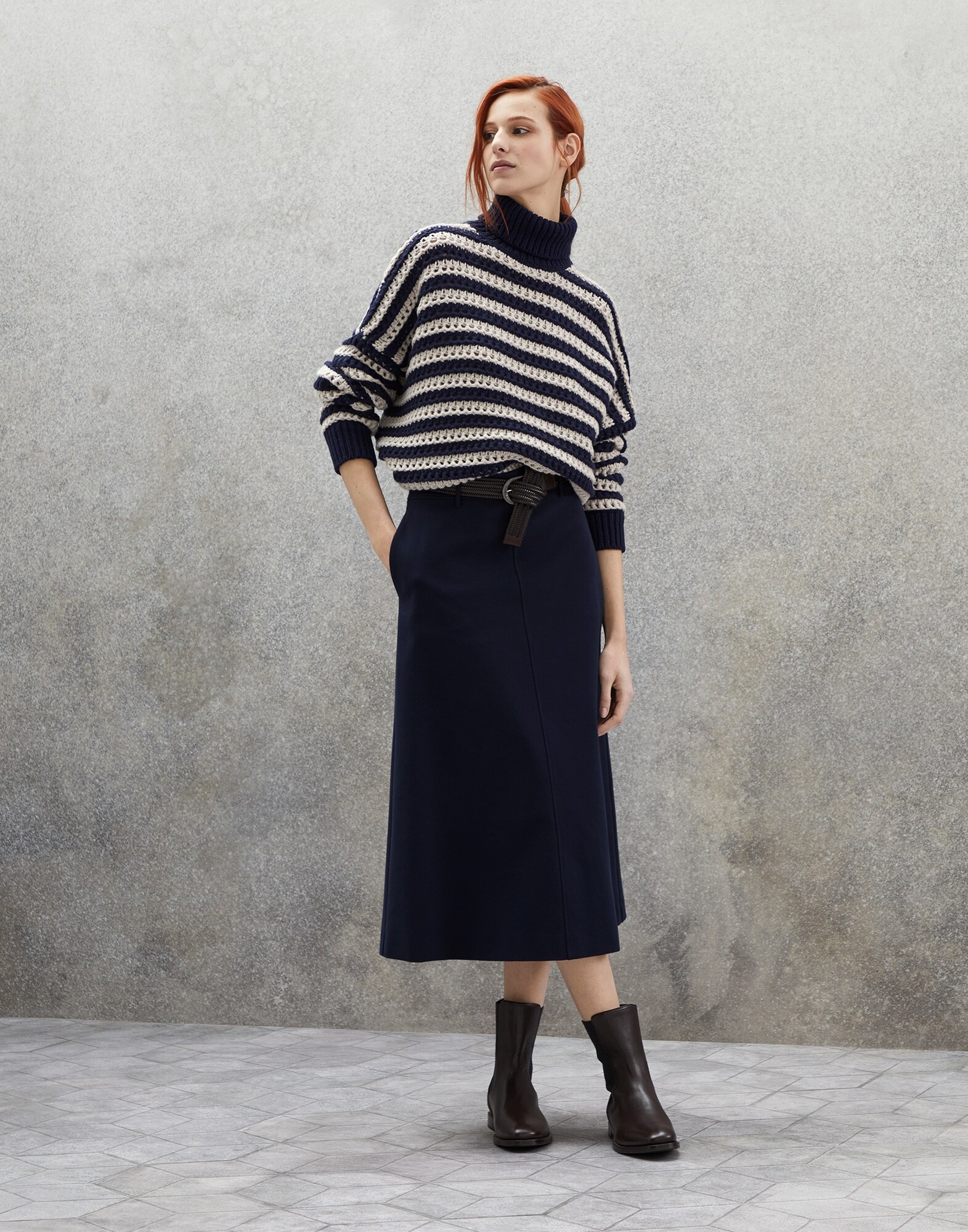 Striped net turtleneck sweater in virgin wool, cashmere and silk feather yarn - 5
