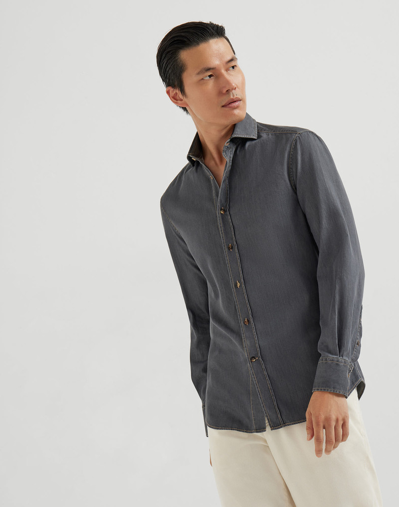 Lightweight denim slim fit shirt with spread collar 1