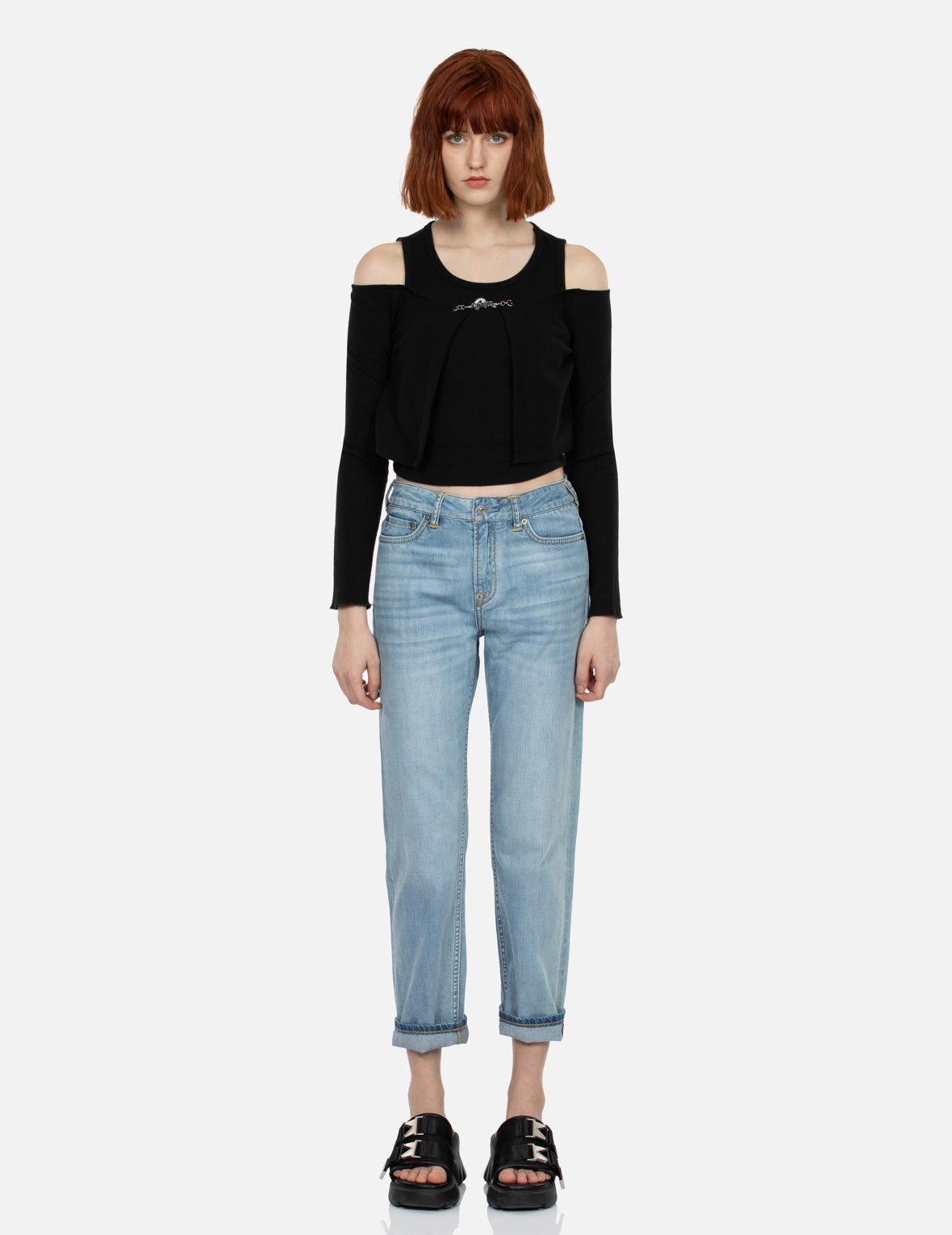 METAL LOGO TRIM OFF-SHOULDER AND FAUX TWO-PIECE FASHION FIT TOP - 5