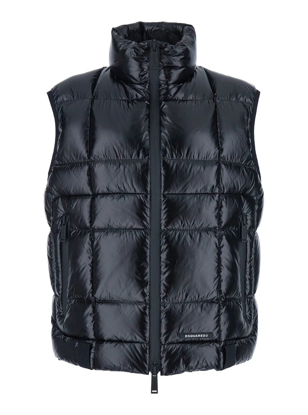 Dsquared2 Men Black Sleeveless Down Jacket With High Neck And Logo Patch On The Front In Tech Fabric - 1