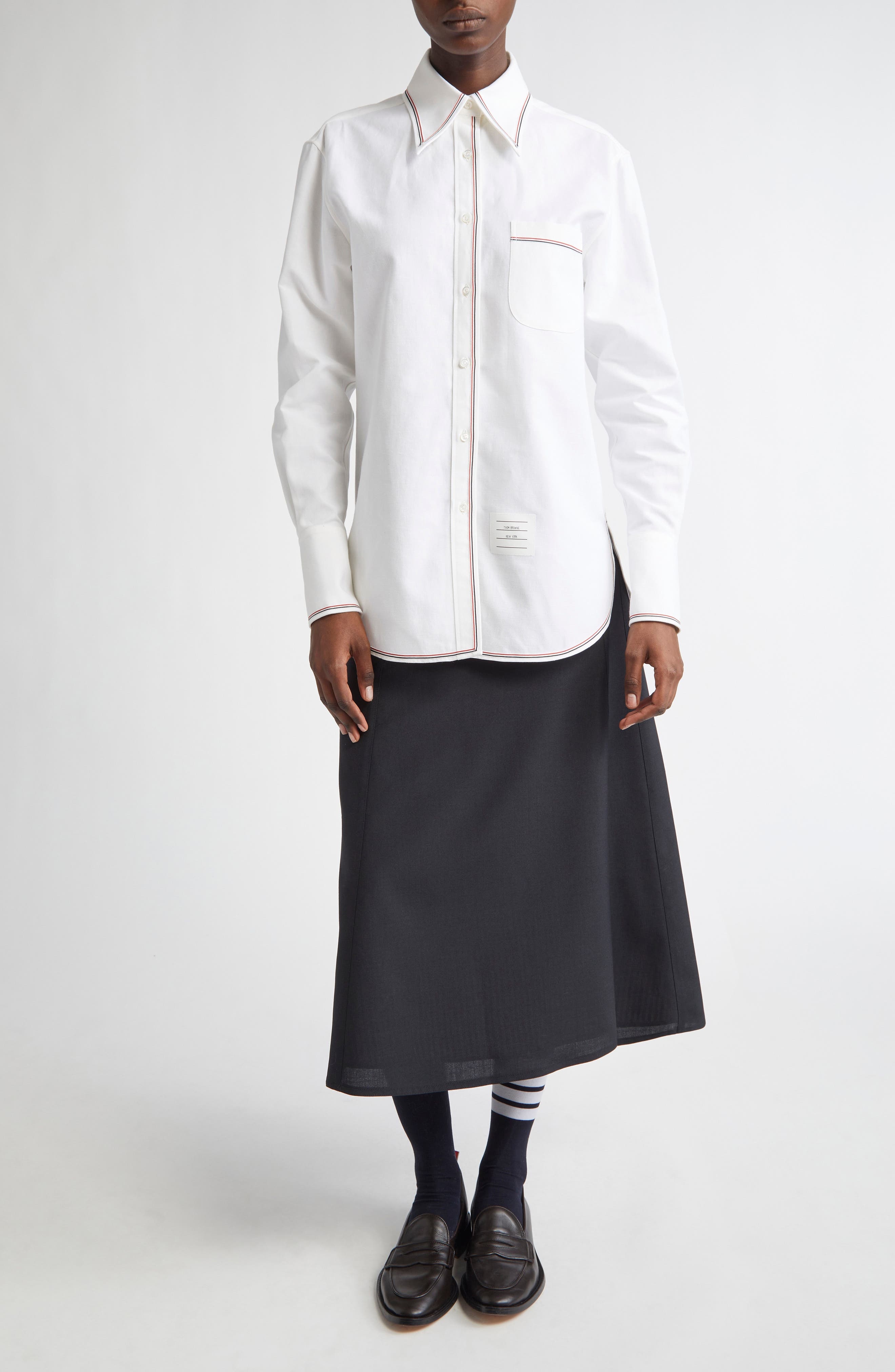 Thom Browne Exaggerated Point Collar Cotton & Linen Button-Up Shirt in White at Nordstrom - 2