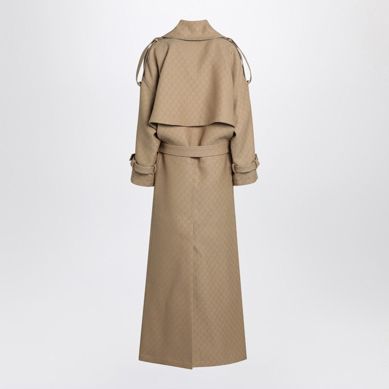Gucci Beige Coat In Silk And Wool Gg Women - 2