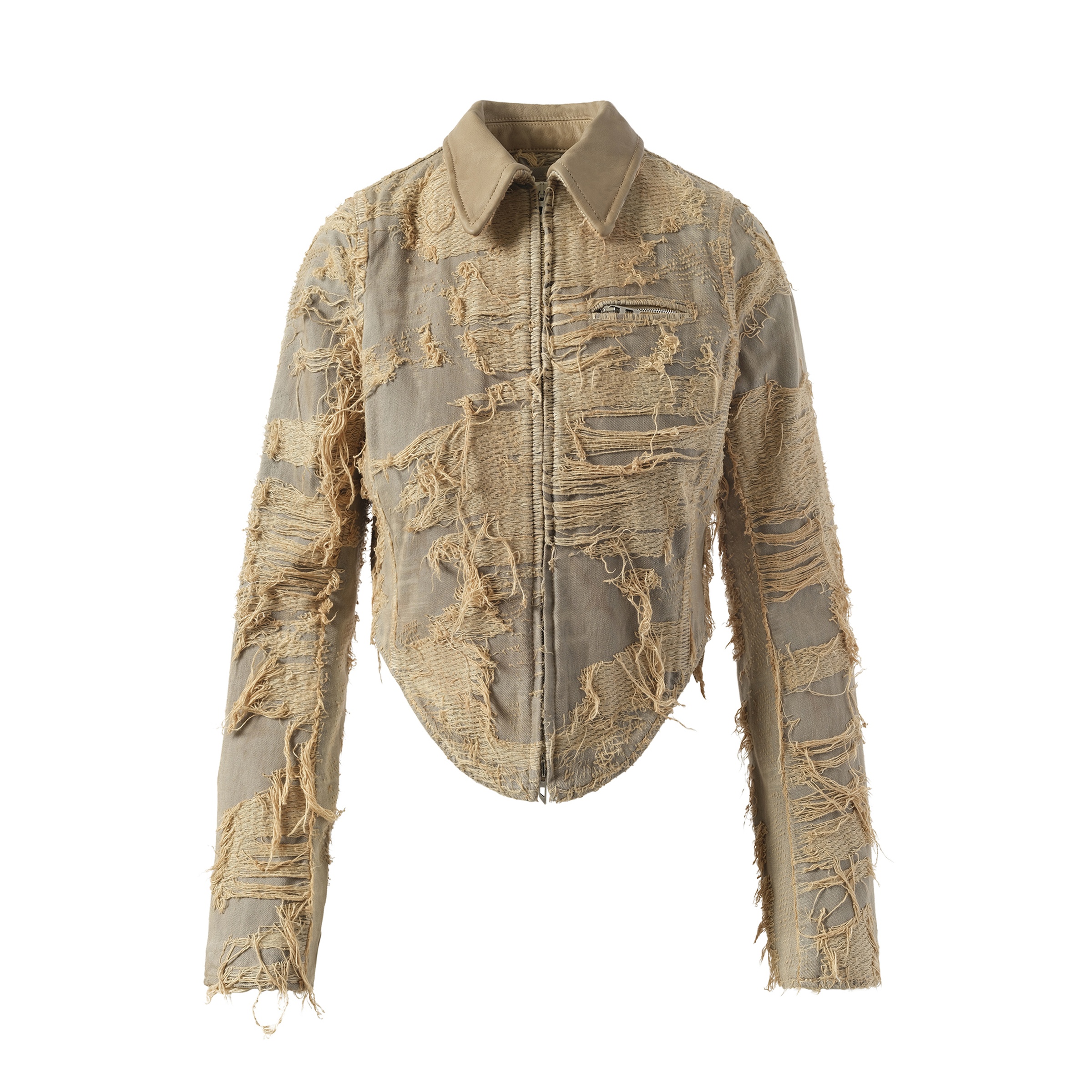 Distressed Effect Denim Jacket in Beige - 2