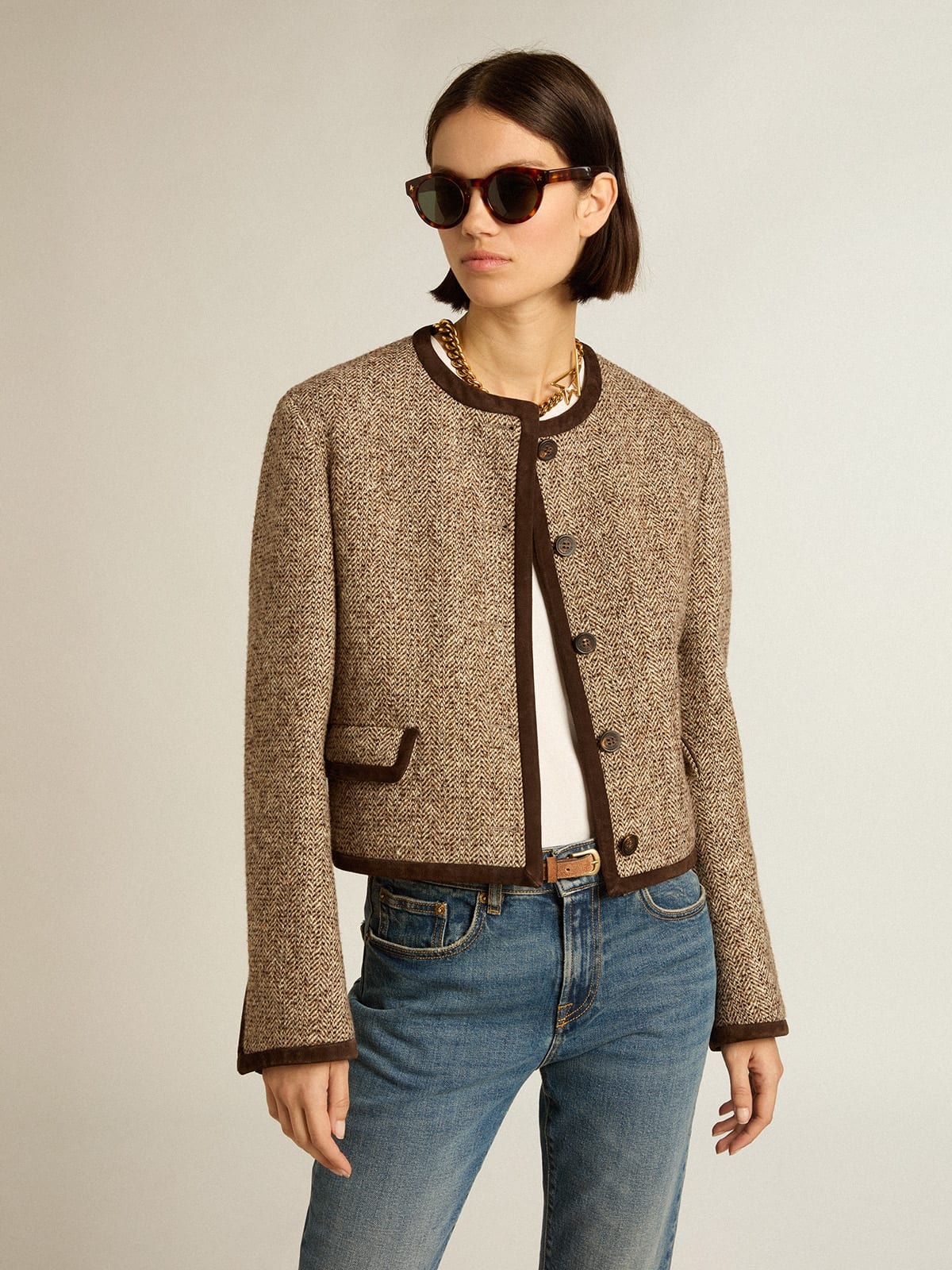 Brown cropped jacket with button fastening - 2