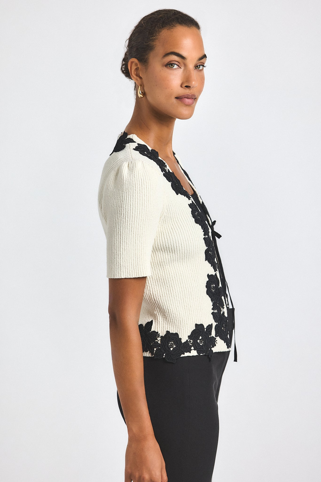 MAES SHORT SLEEVE CARDIGAN WITH LACE TRIM - 3