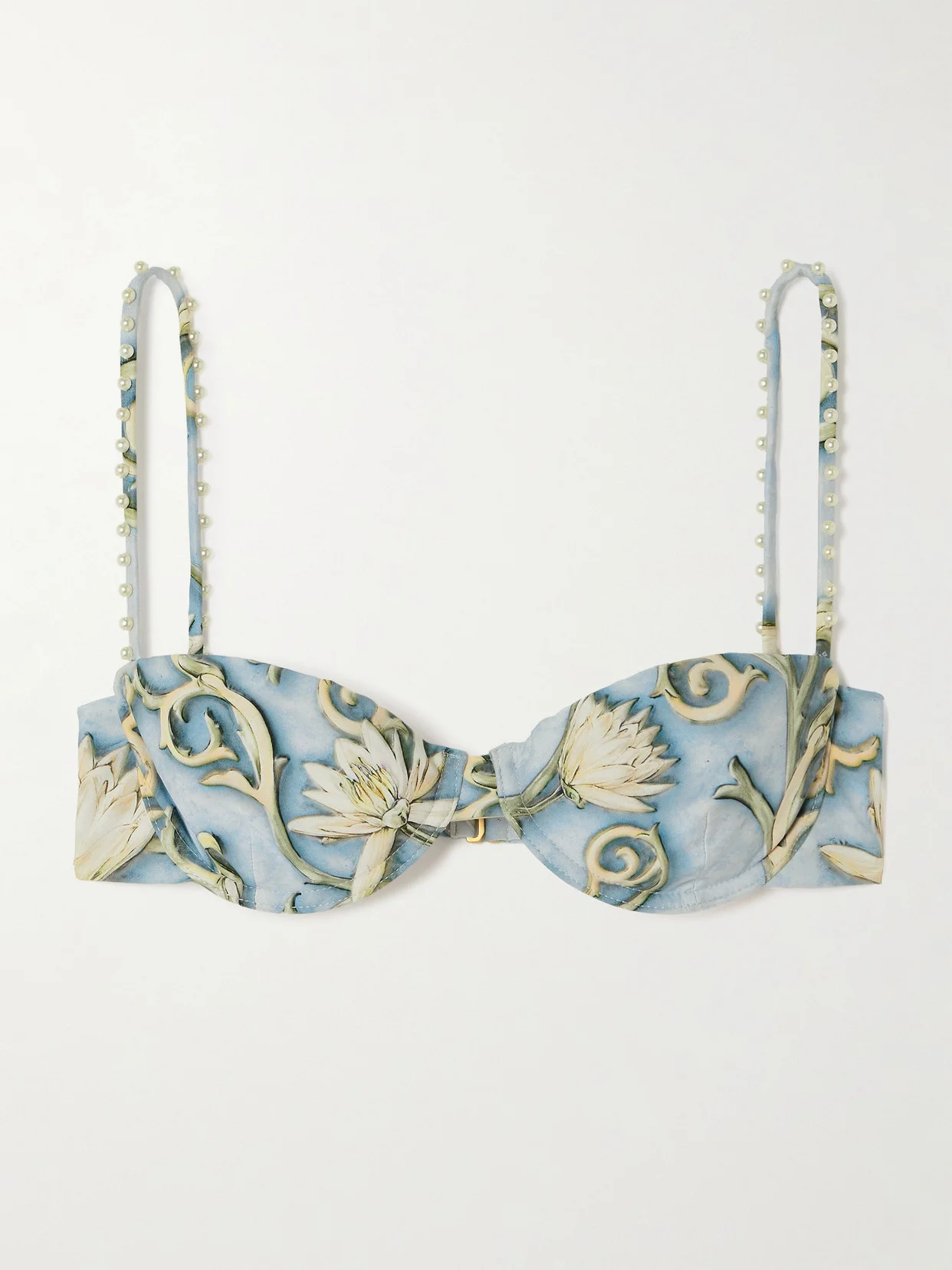 Magdalena Soledad Faux Pearl-embellished Floral-print Recycled Underwired Bikini Top - 1