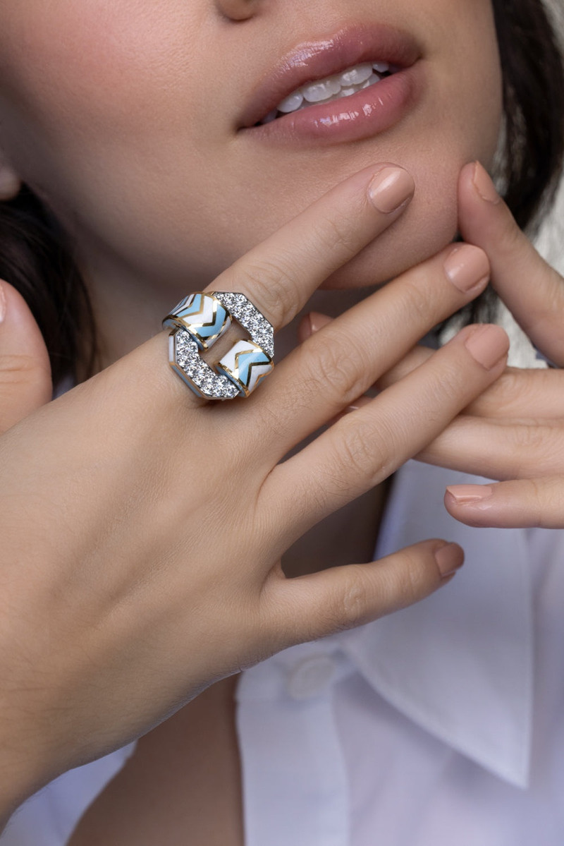 DAVID WEBB Light Blue Chevron Ring outlook