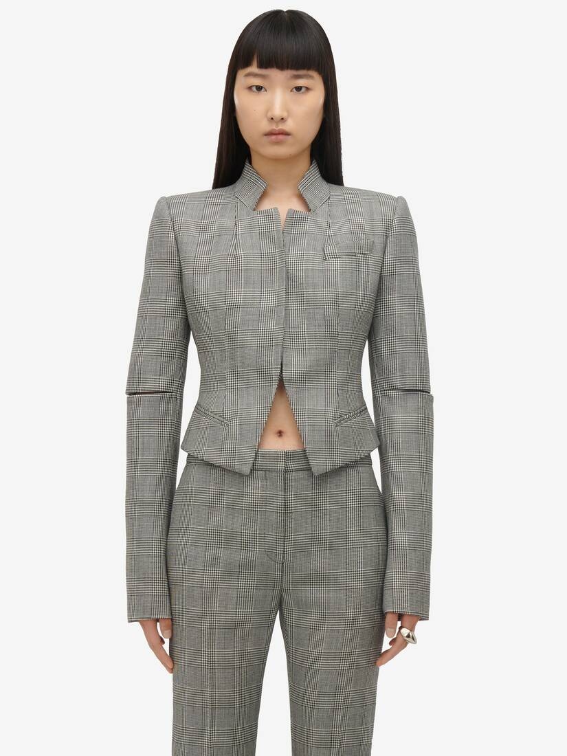 Women's Prince Of Wales Slashed Fitted Jacket in Black/ivory - 1