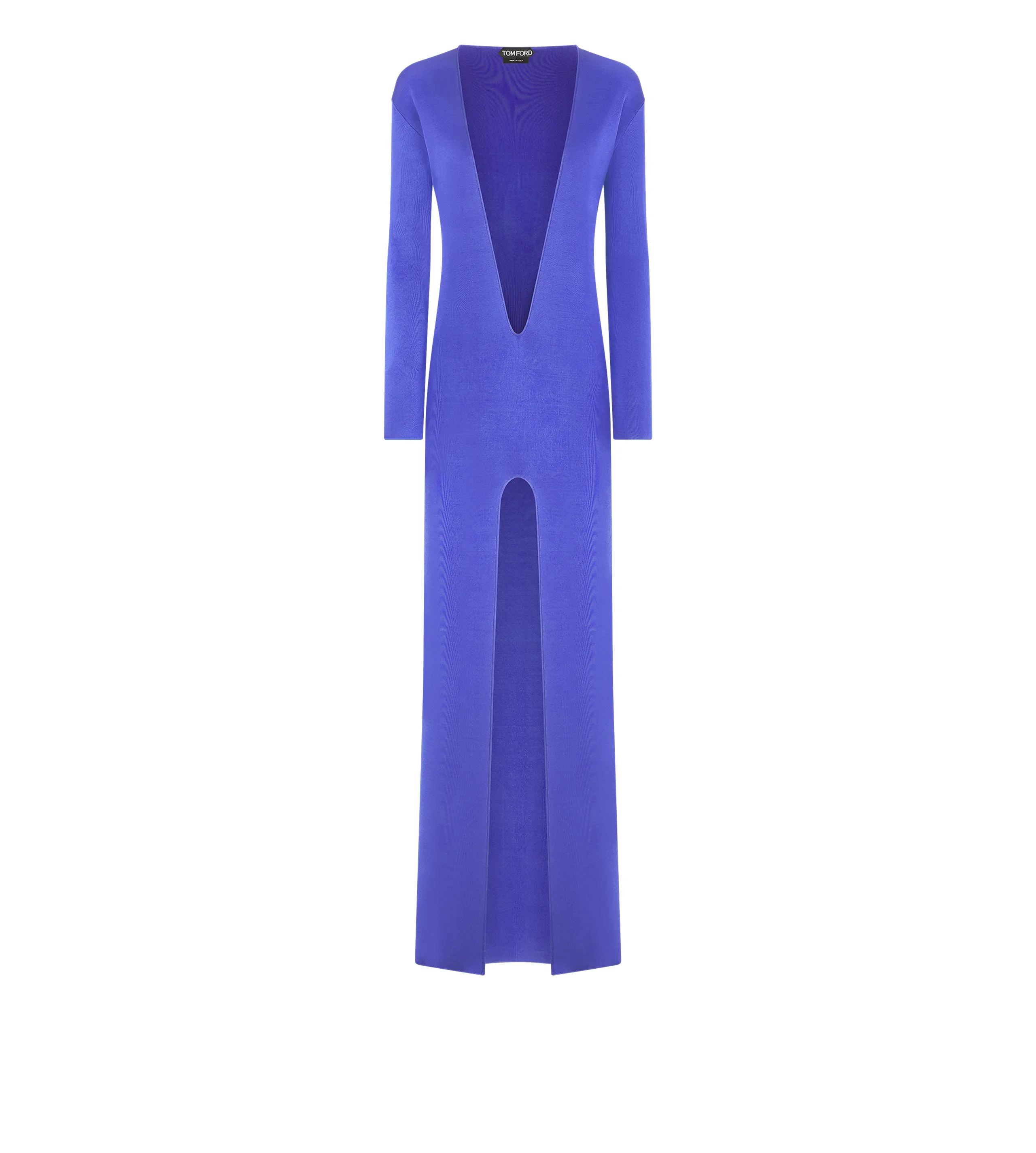 PLUNGE NECK FINE KNIT EVENING DRESS WITH HIGH FRONT - 1