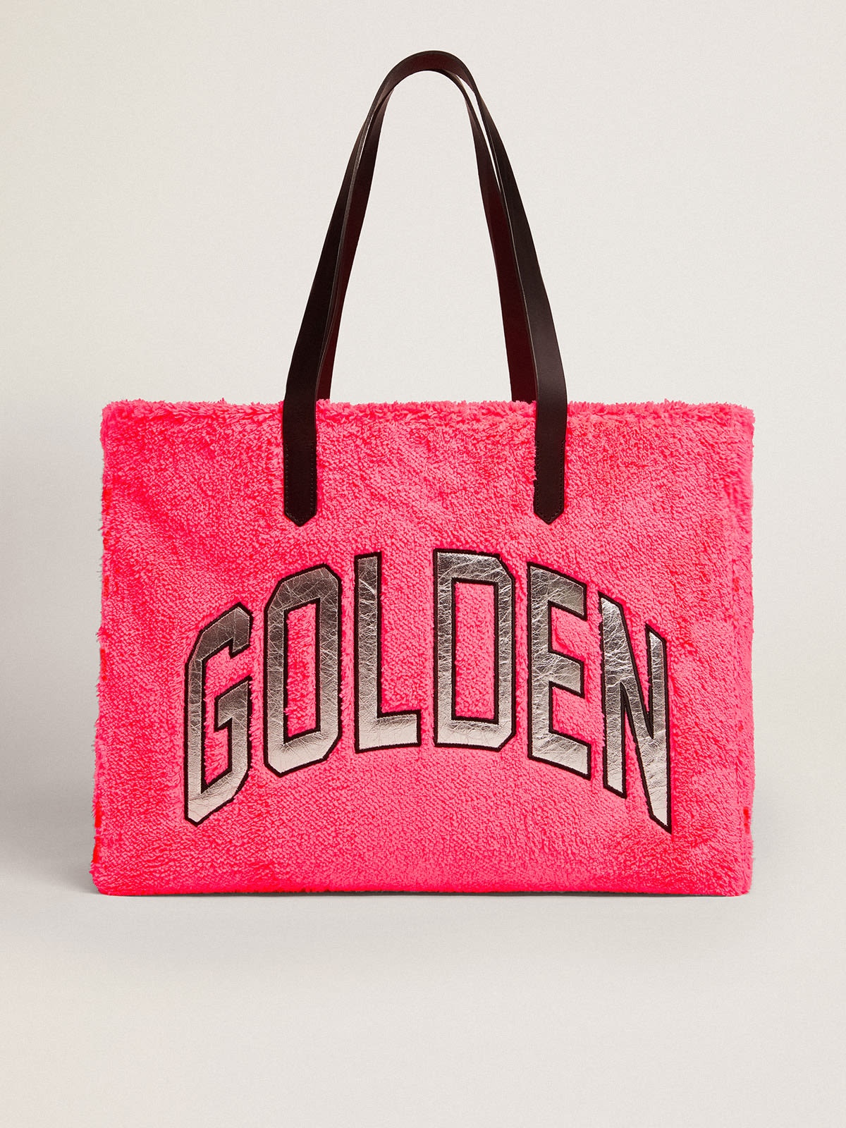 East-West California Bag in fuchsia terry fabric with Golden lettering in silver metallic leather - 1