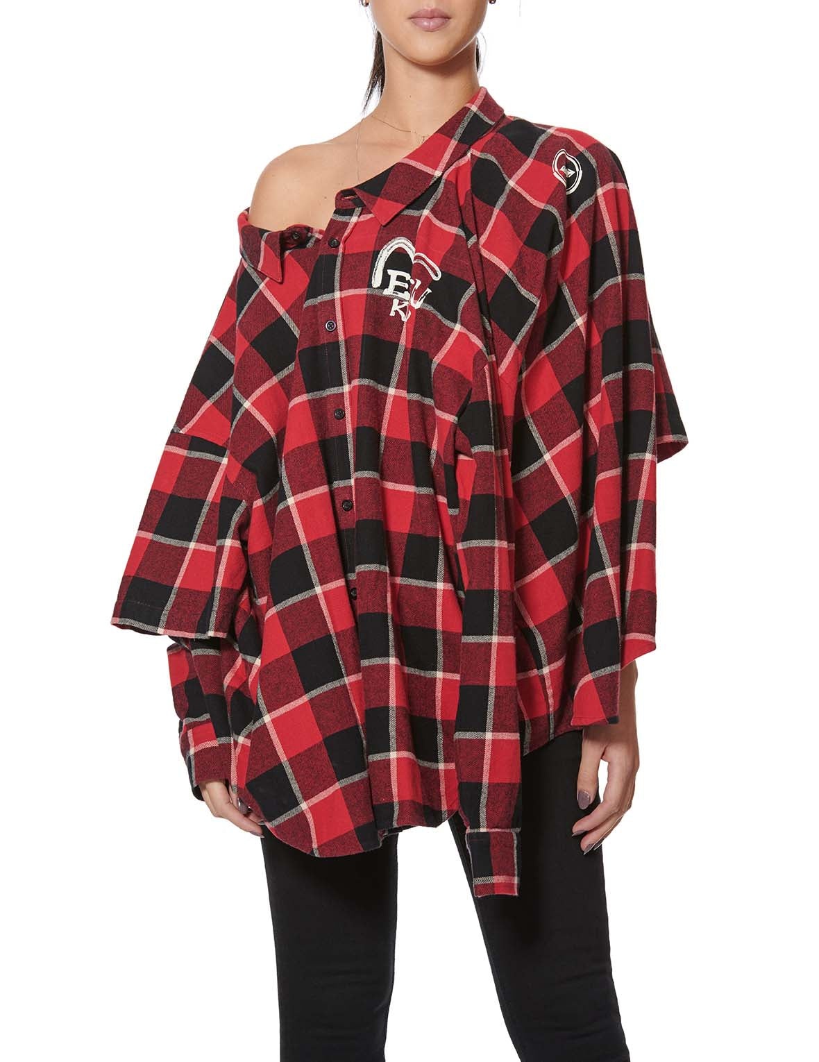 Calligraphy Print Asymmetric Flannel Shirt - 12