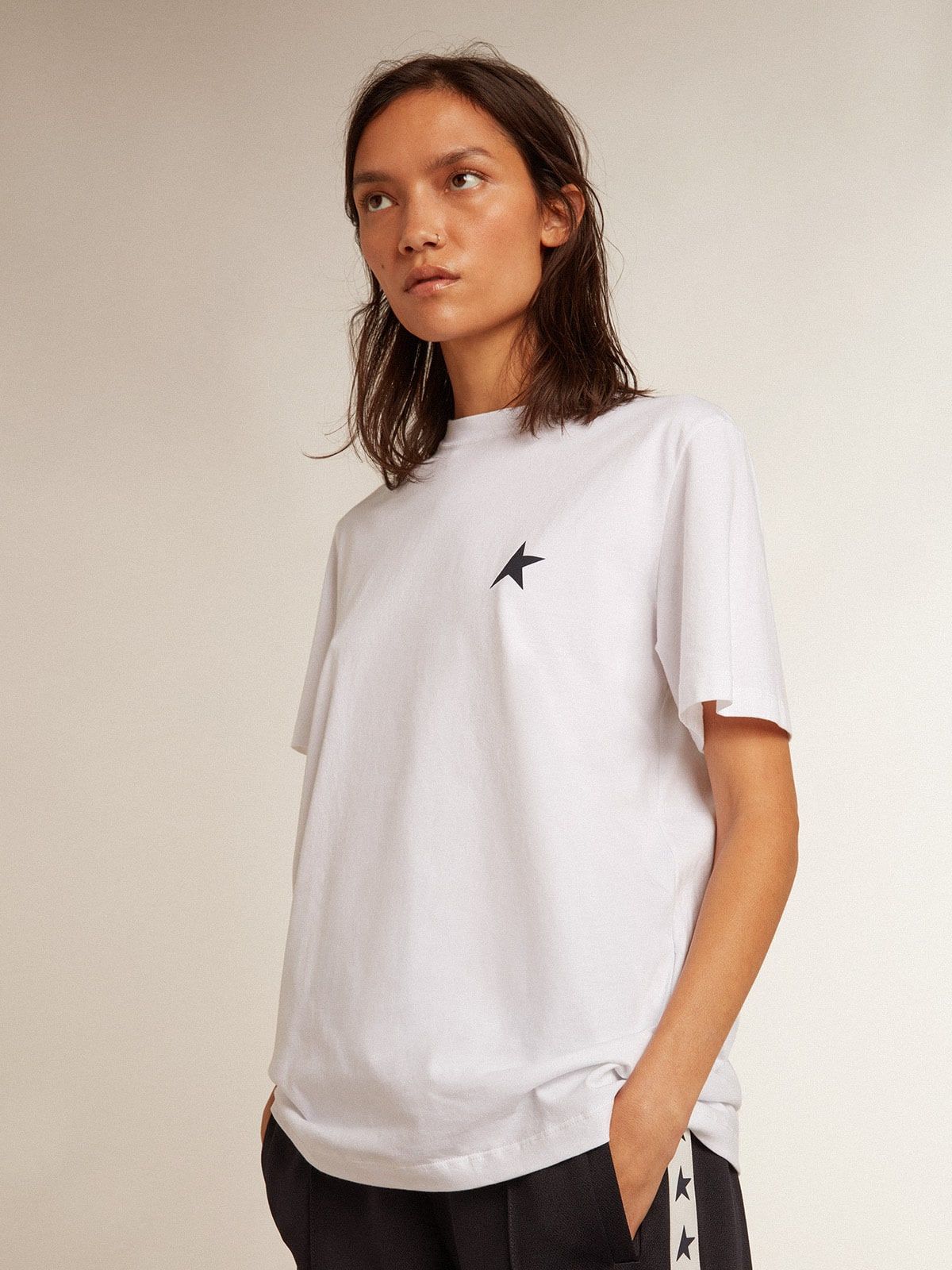 Women’s white T-shirt with dark blue star on the front - 5