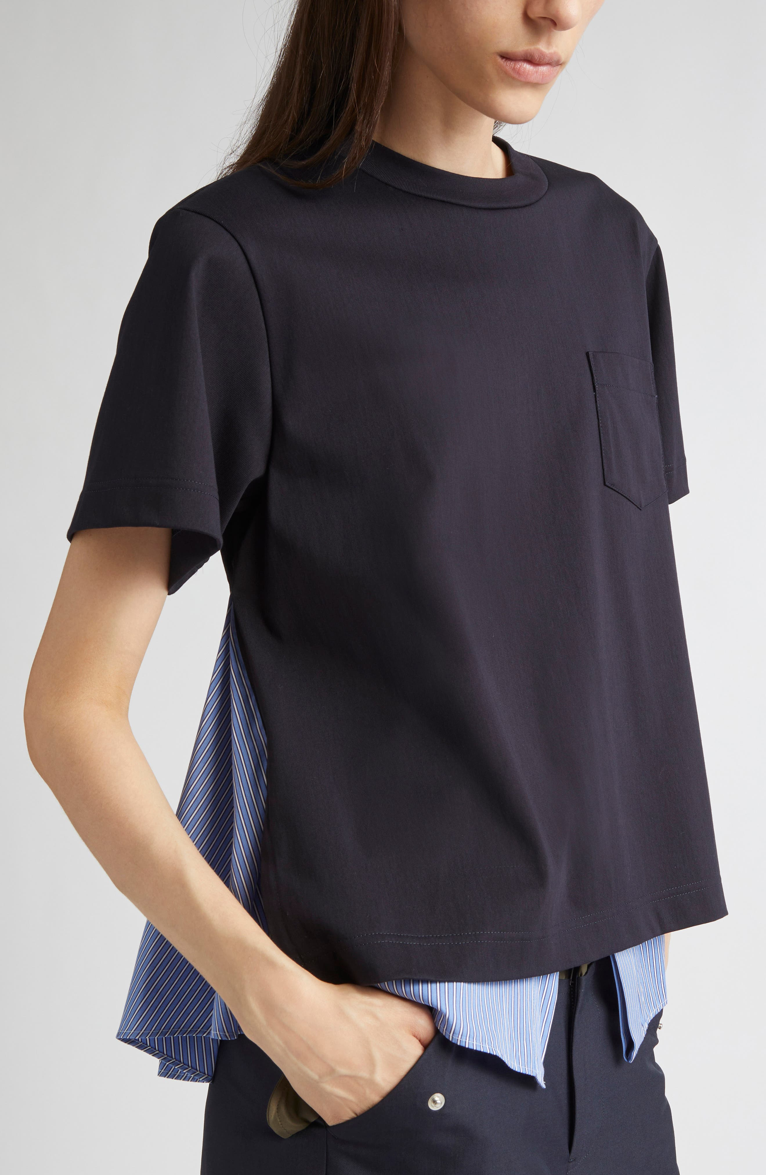 Sacai Mixed Media Jersey & Poplin Pocket T-Shirt in Navy/Blue Stripe at Nordstrom - 5