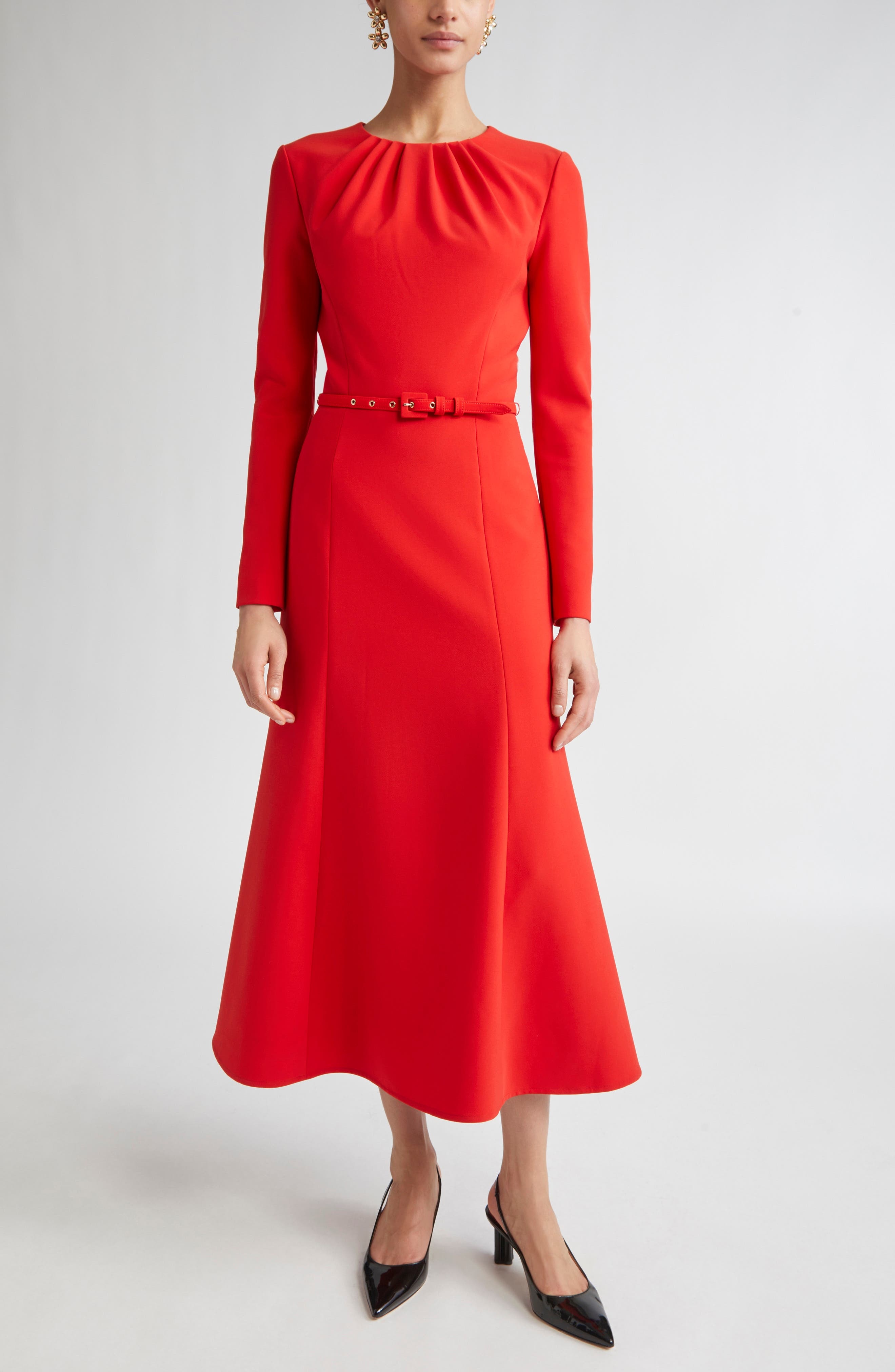 Carolina Herrera Pleated Long Sleeve Crepe Dress in Scarlet at Nordstrom - 1