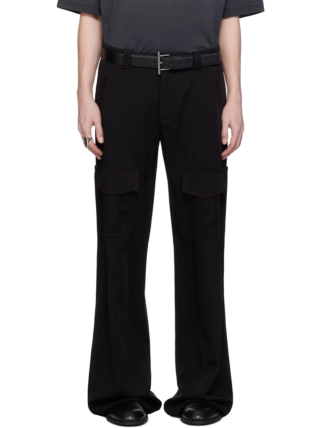 Black Wool Overdyed Low-Rise Cargo Pants - 1