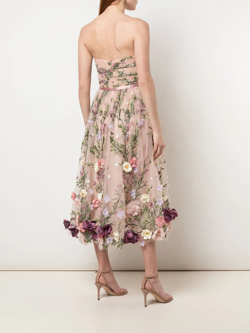 STRAPLESS 3D FLORAL EMBROIDERED TEA-LENGTH MIDI DRESS 3
