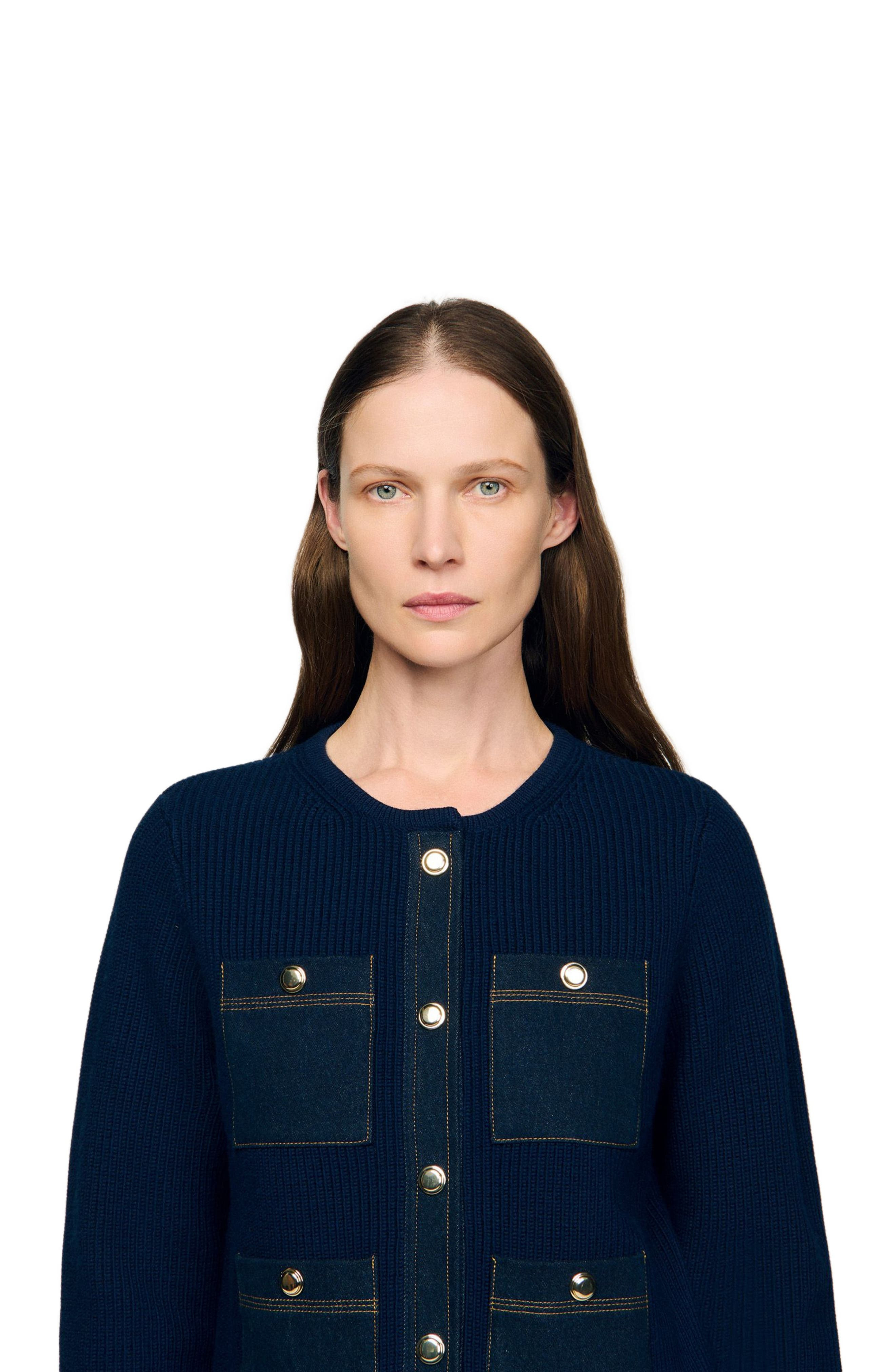 SANDRO Cardigan with denim details in Navy Blue at Nordstrom - 4