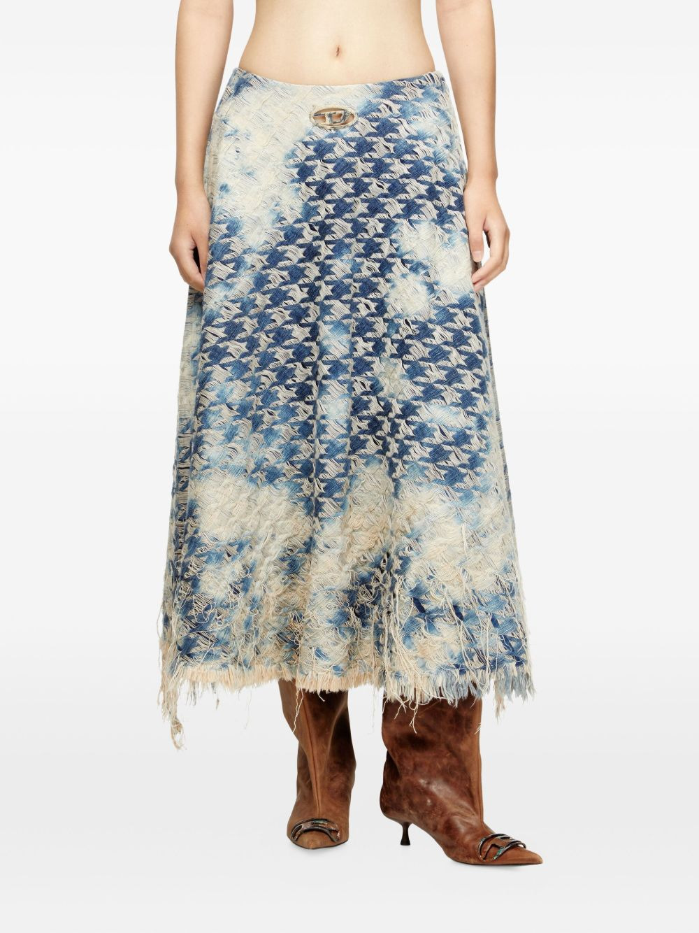 houndstooth frayed denim skirt - 3