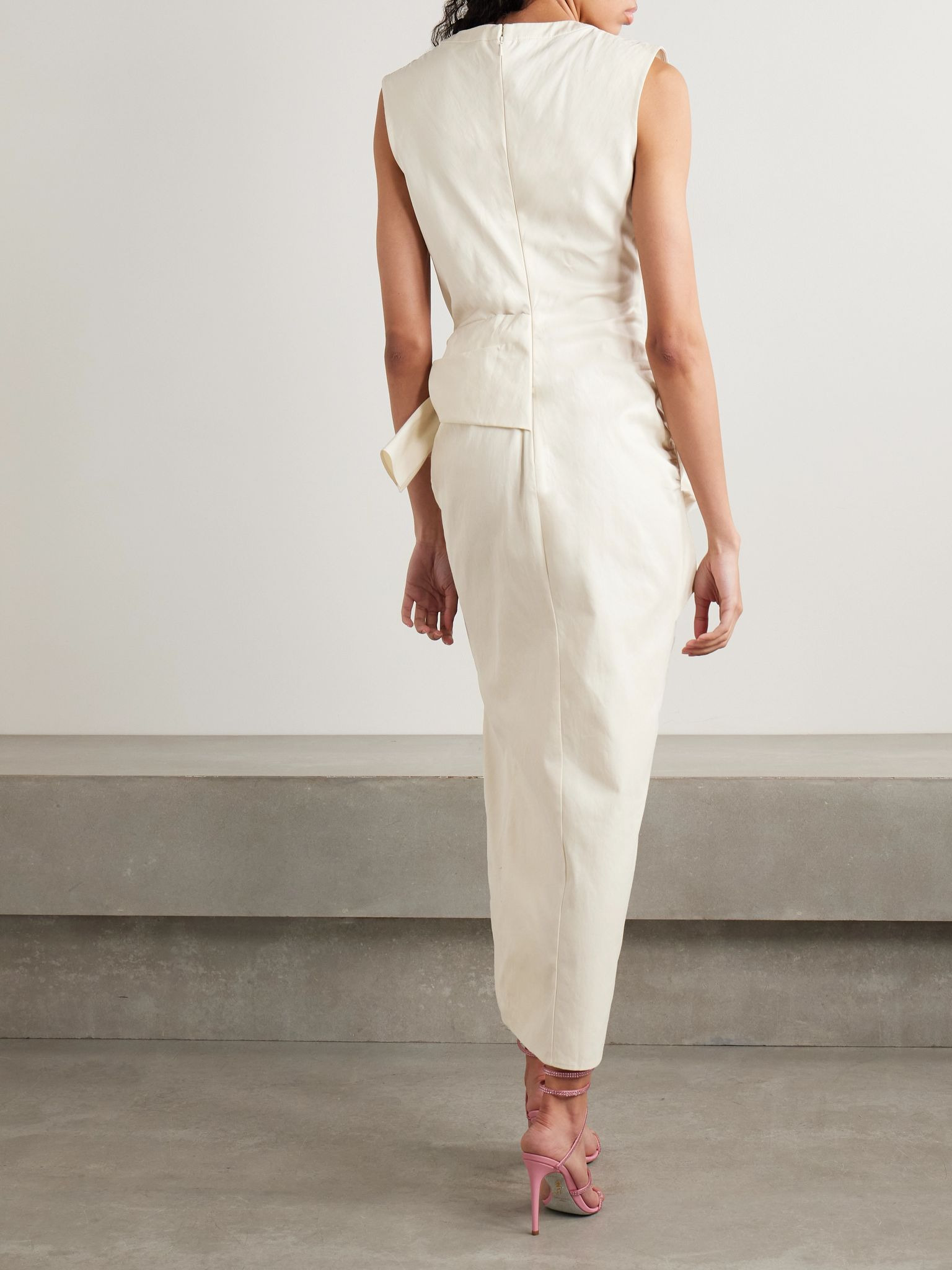Tie-front button-embellished washed cotton-twill midi shirt dress Off-white - 3