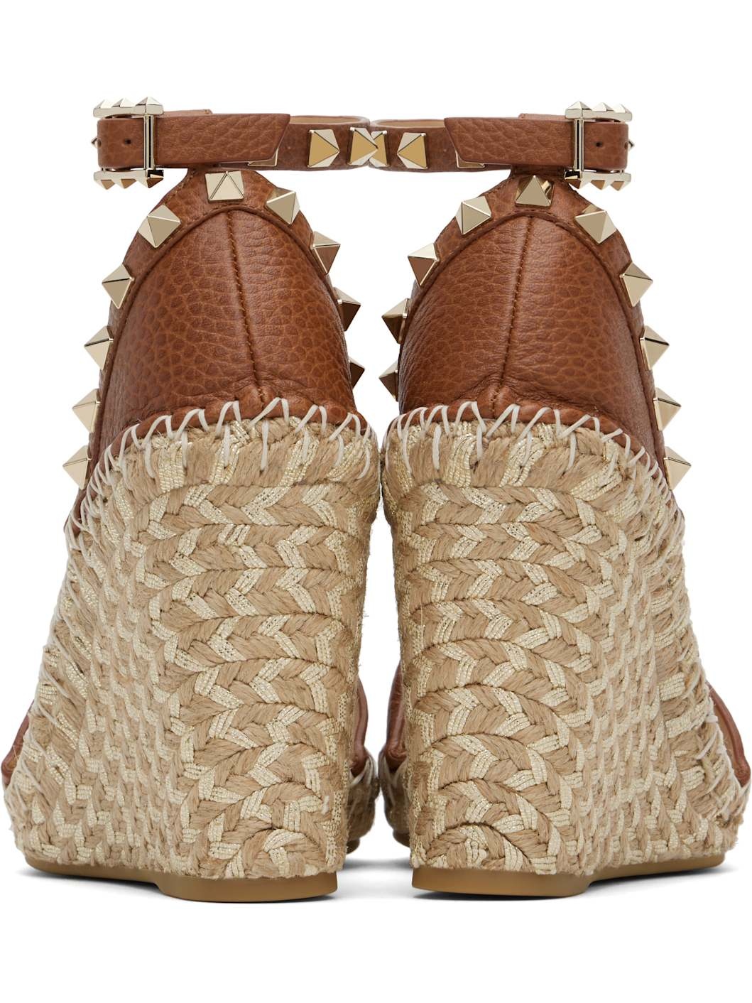 Brown Double Rockstud Grainy Calfskin Heeled Sandals - 2