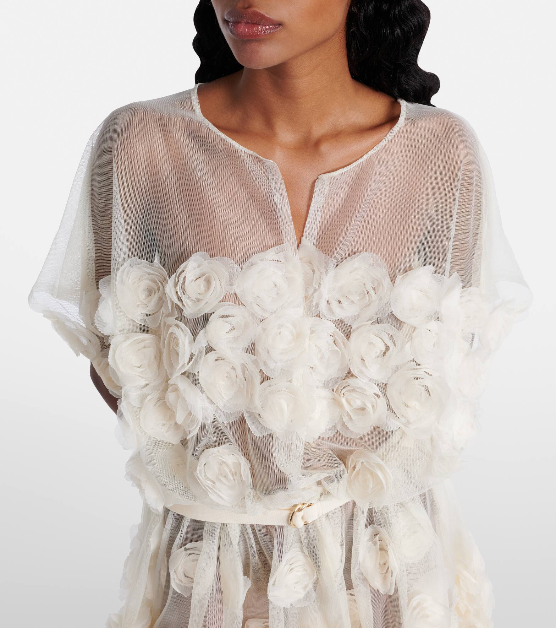 Bridal floral-appliqué belted tulle minidress - 4