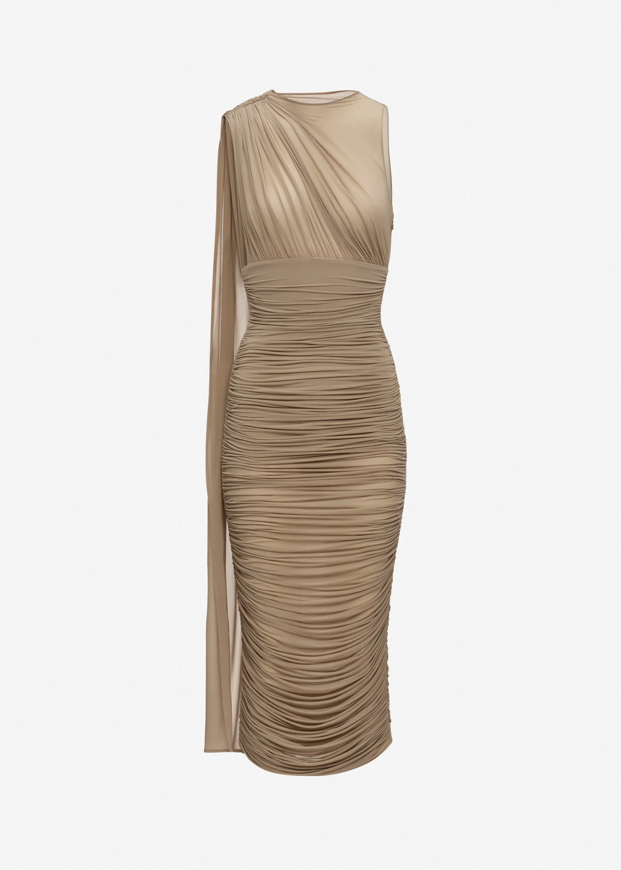 Asymmetric draped midi dress with scarf detail in beige - 1