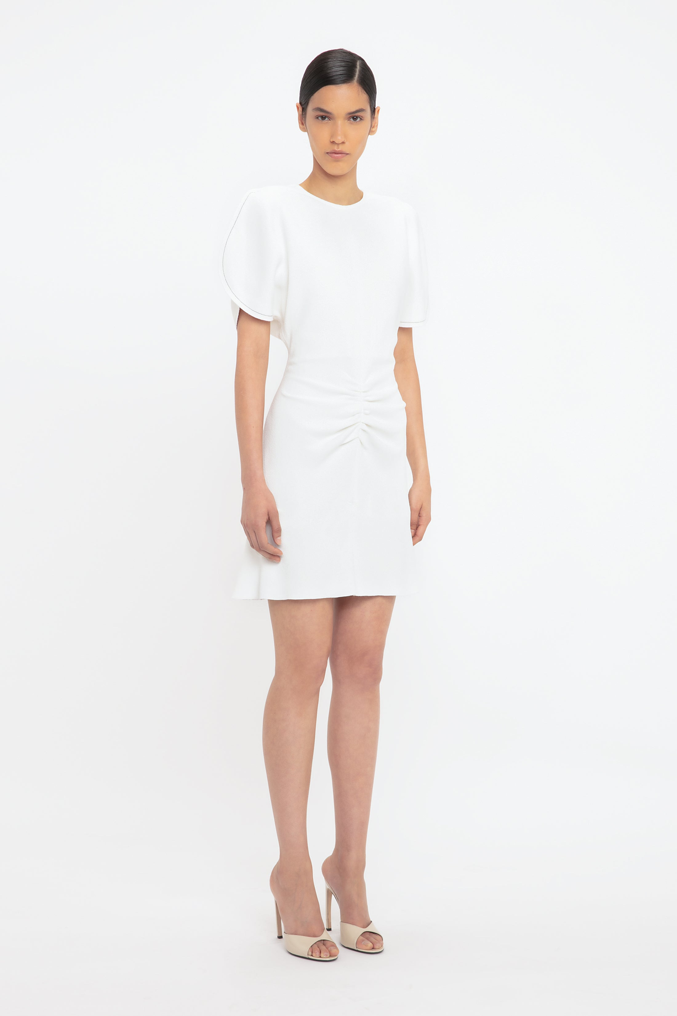 Exclusive Gathered Waist Mini Dress In Ivory - 3