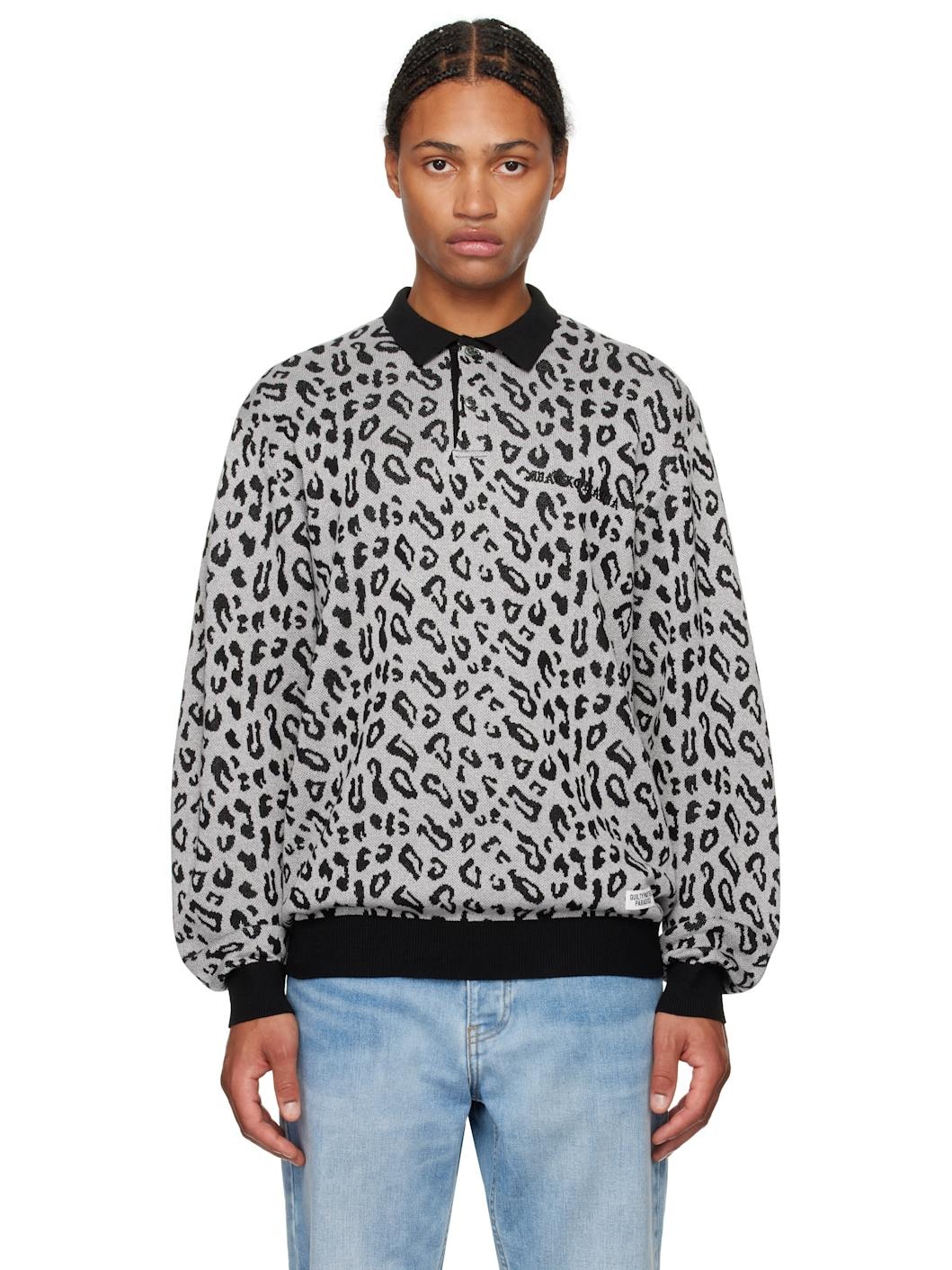 WACKO MARIA Gray Leopard Knit Polo | REVERSIBLE