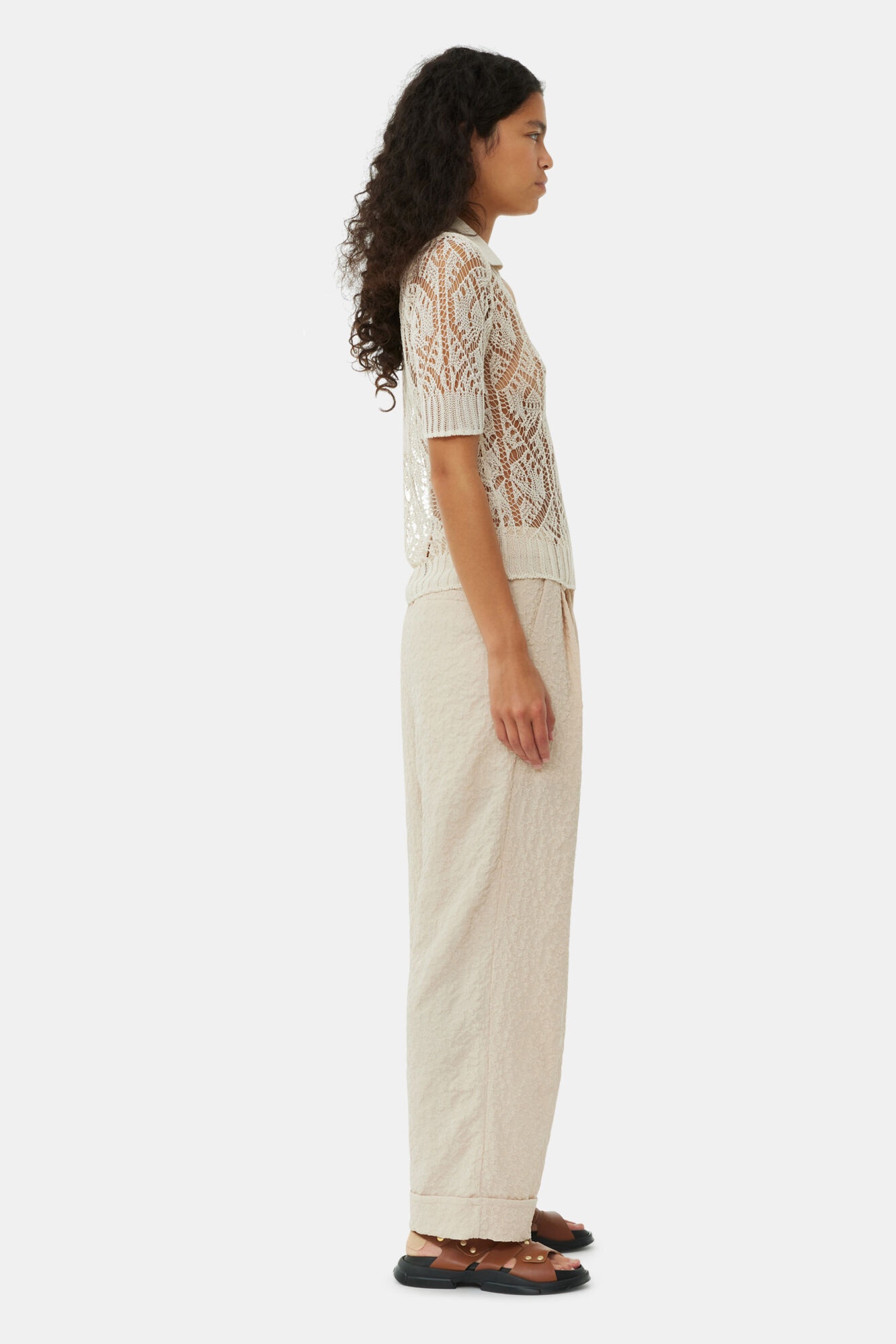 BEIGE TEXTURED SUITING MID WAIST PANTS - 4