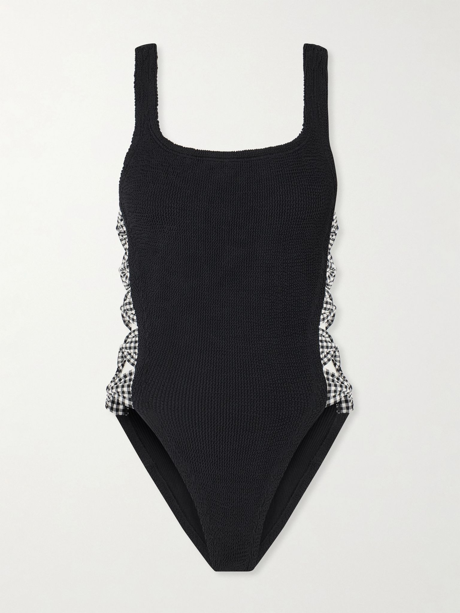Tiffany cutout gingham-trimmed seersucker swimsuit Black - 1