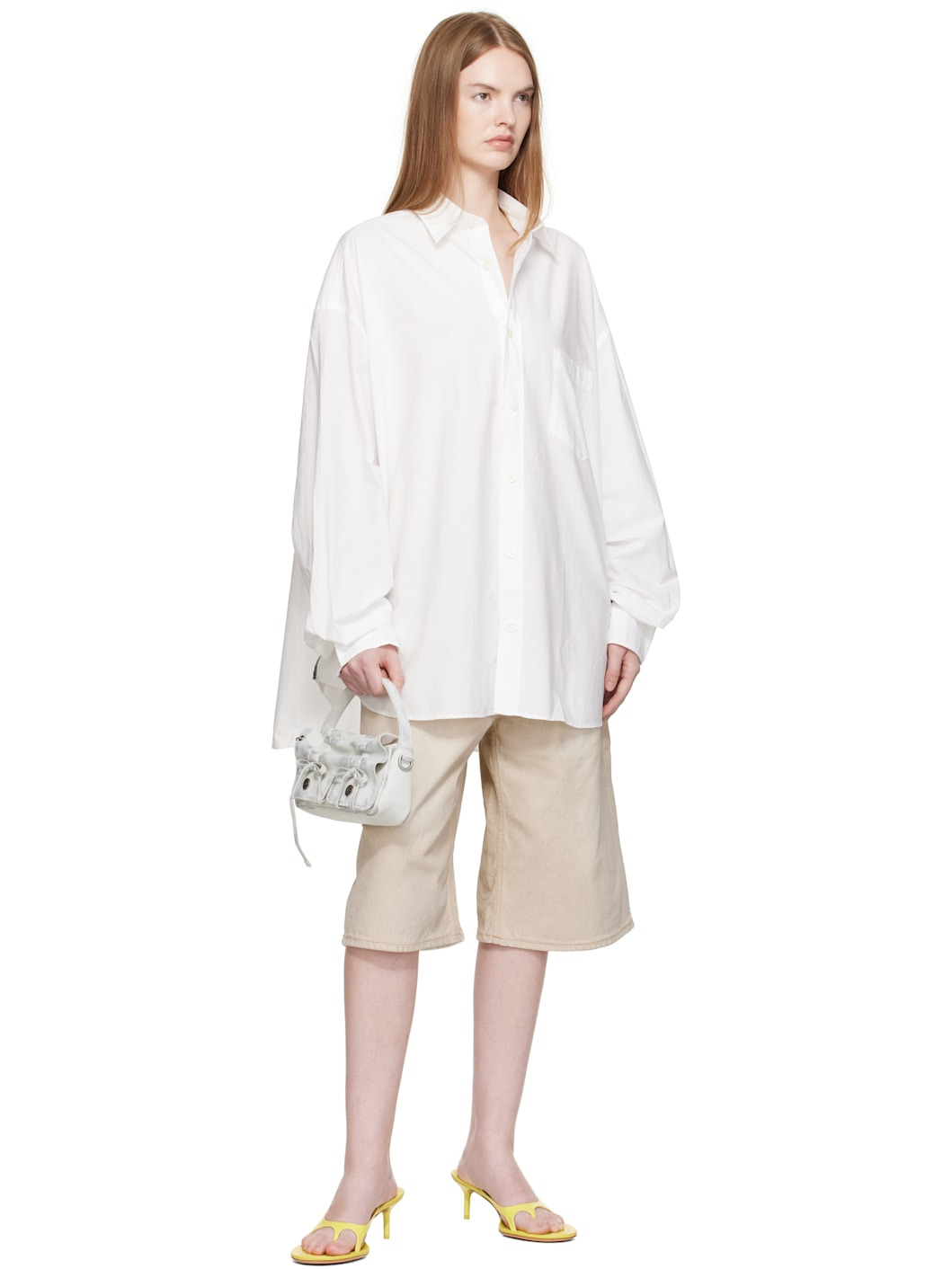Beige Coated Denim Shorts - 4