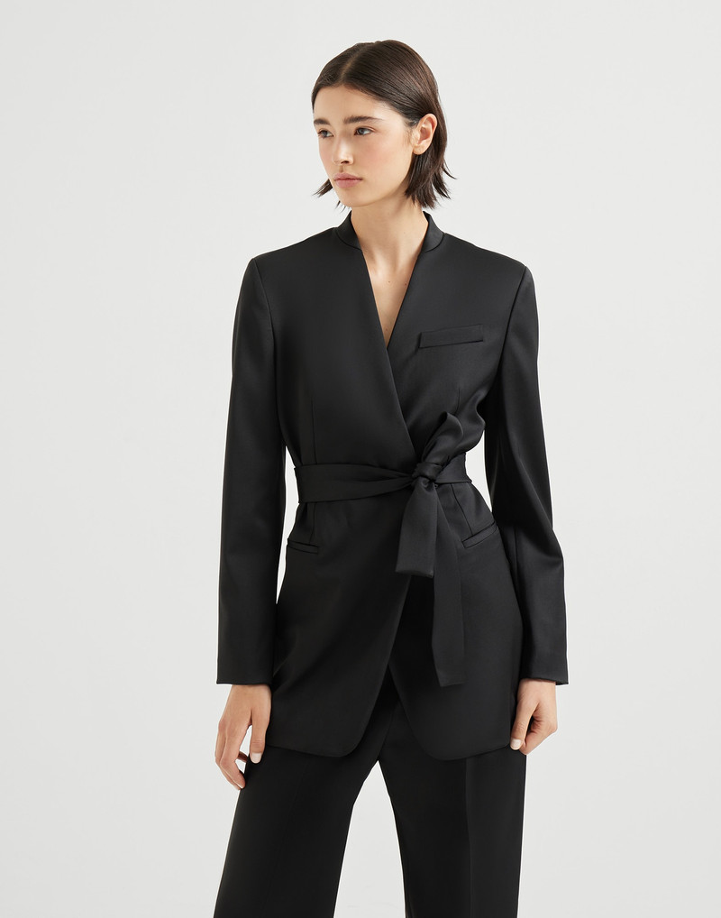 Virgin wool stretch satin belted blazer with monili 1