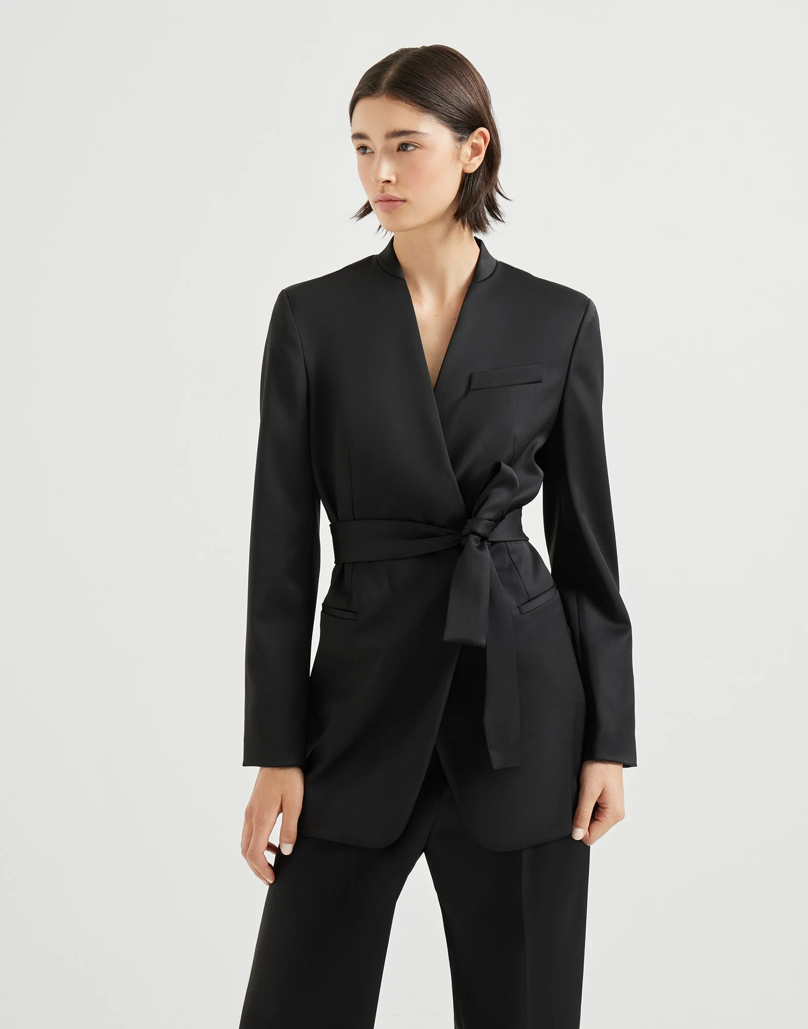 Virgin wool stretch satin belted blazer with monili - 1