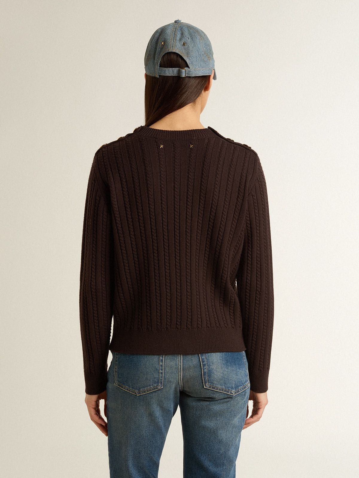 Women's crew-neck sweater in wool blend with gold buttons - 4