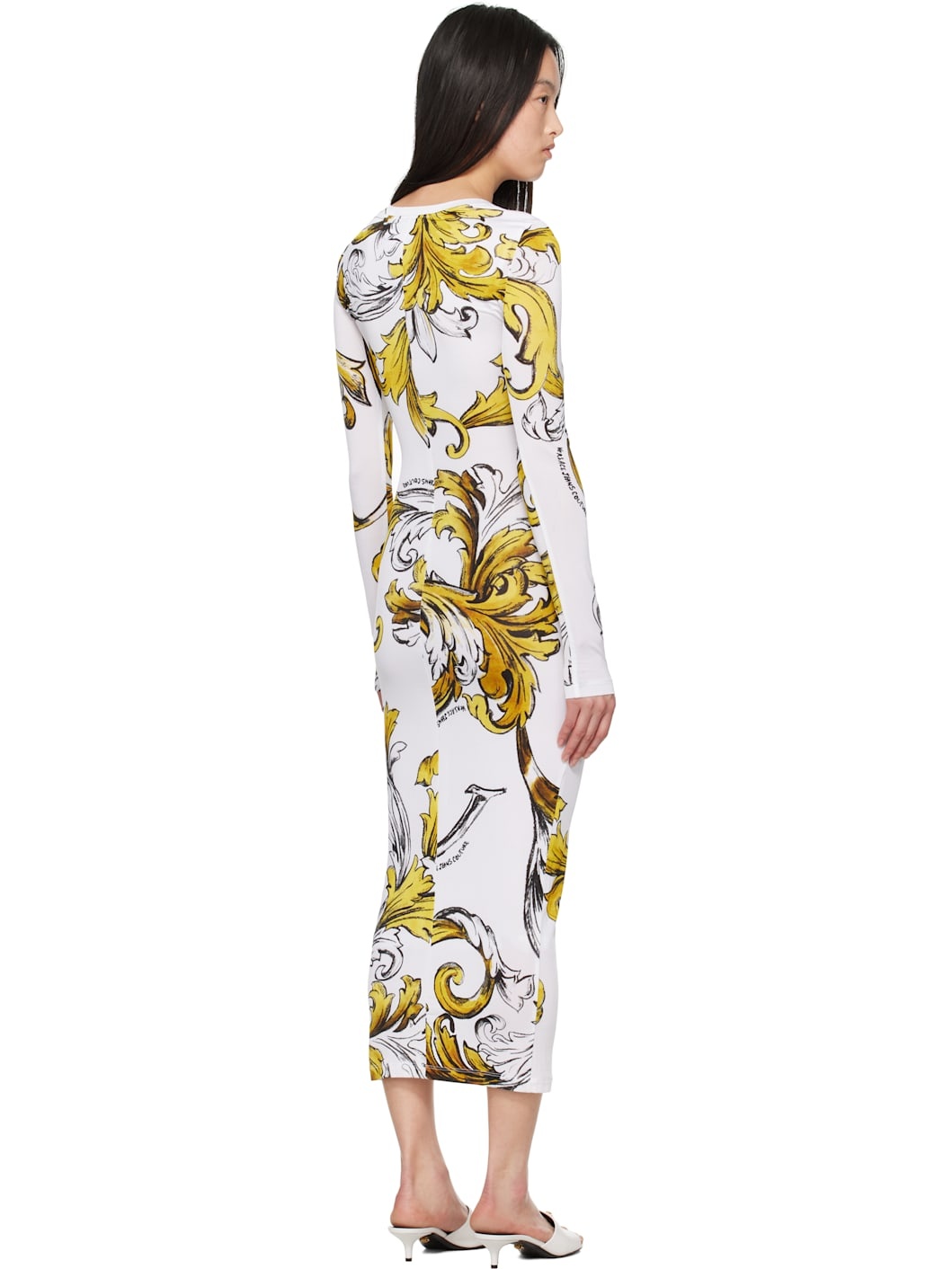 White & Yellow Outline Barocco Midi Dress - 3