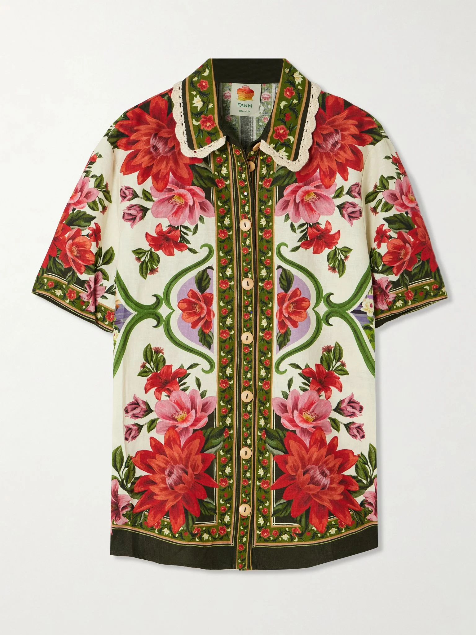 Wonder Rio crochet-trimmed printed linen-blend shirt White - 1